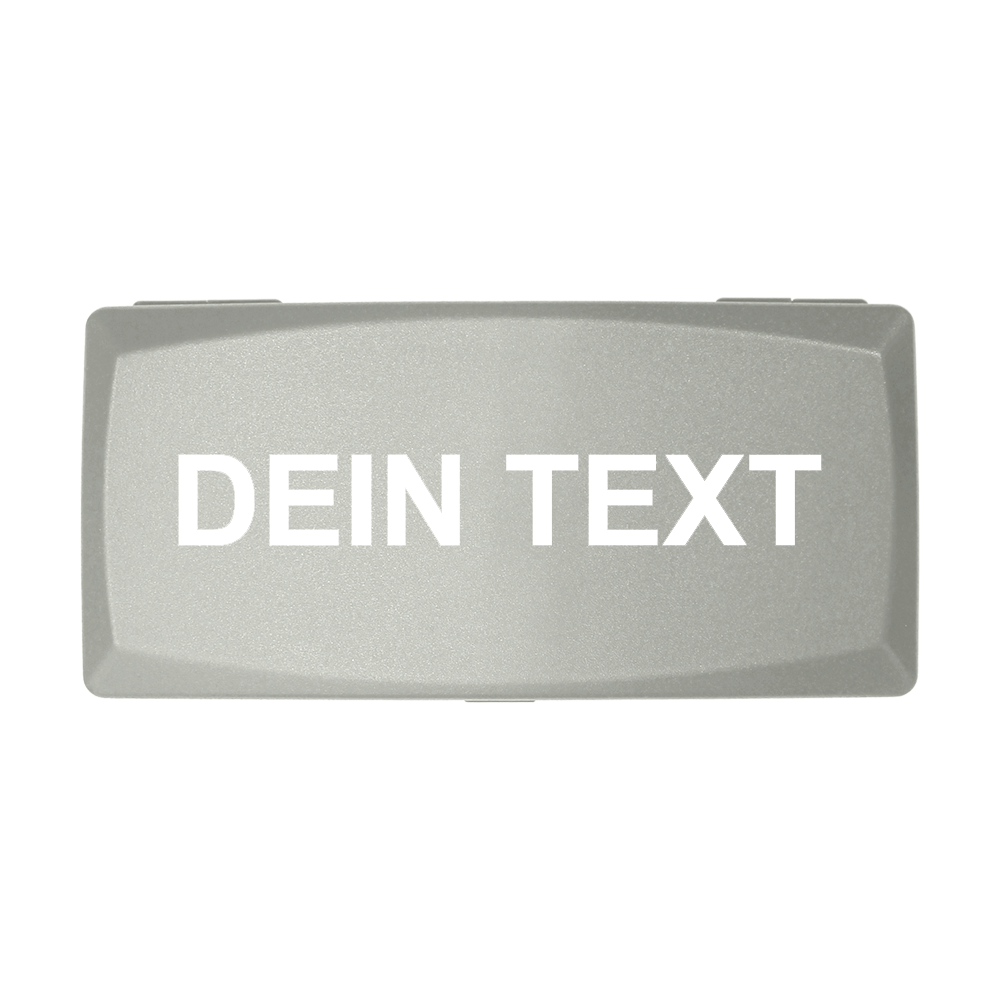 ABS-doos met eigen bedrukking Auf dem Bild ist eine graue Box zu sehen. Auf der Box steht in weißen Buchstaben "DEIN TEXT".