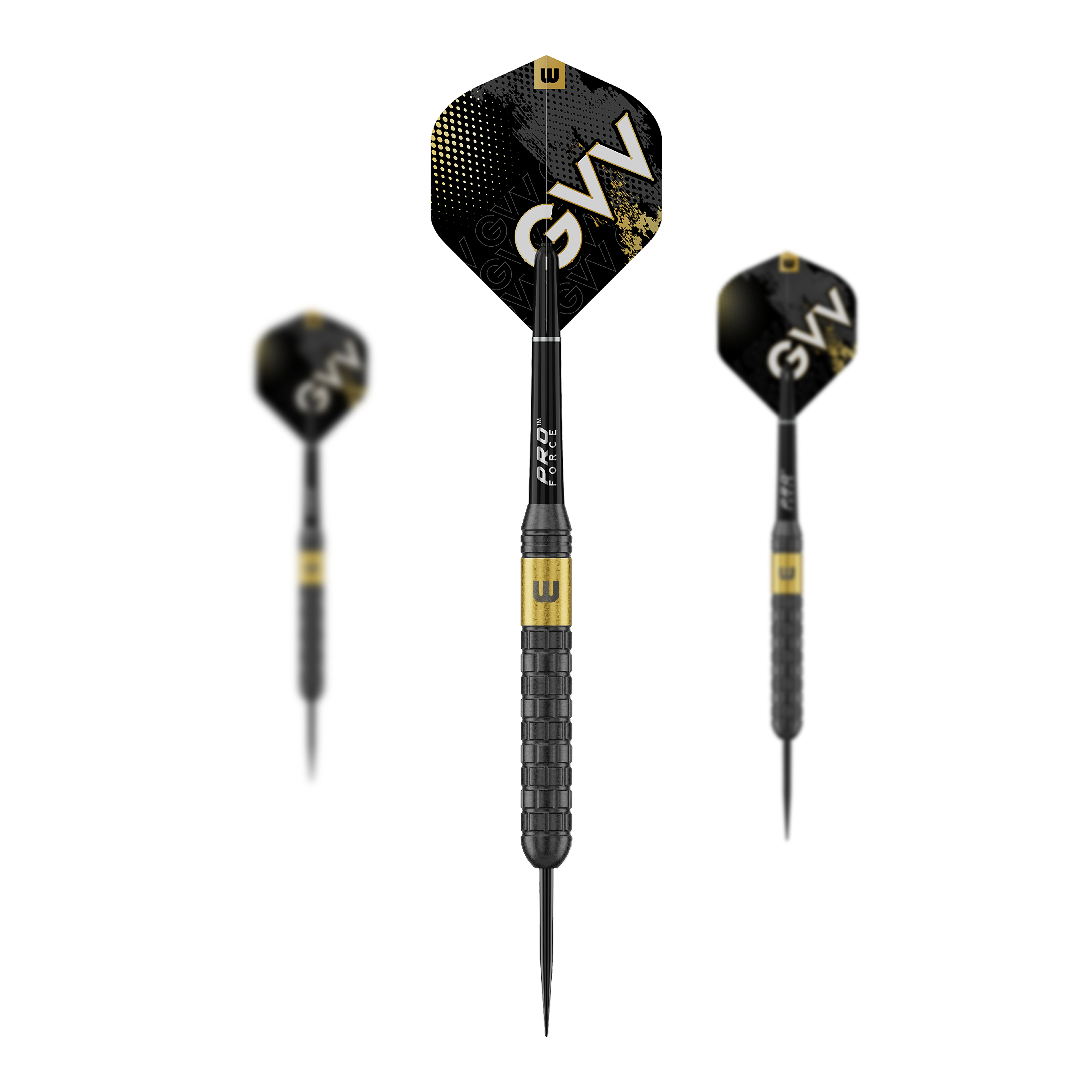 Abgebildet ist ein Set von Winmau Gian Van Veen Core Brass Steeldarts 21g. Die drei Darts sind nebeneinander angeordnet.