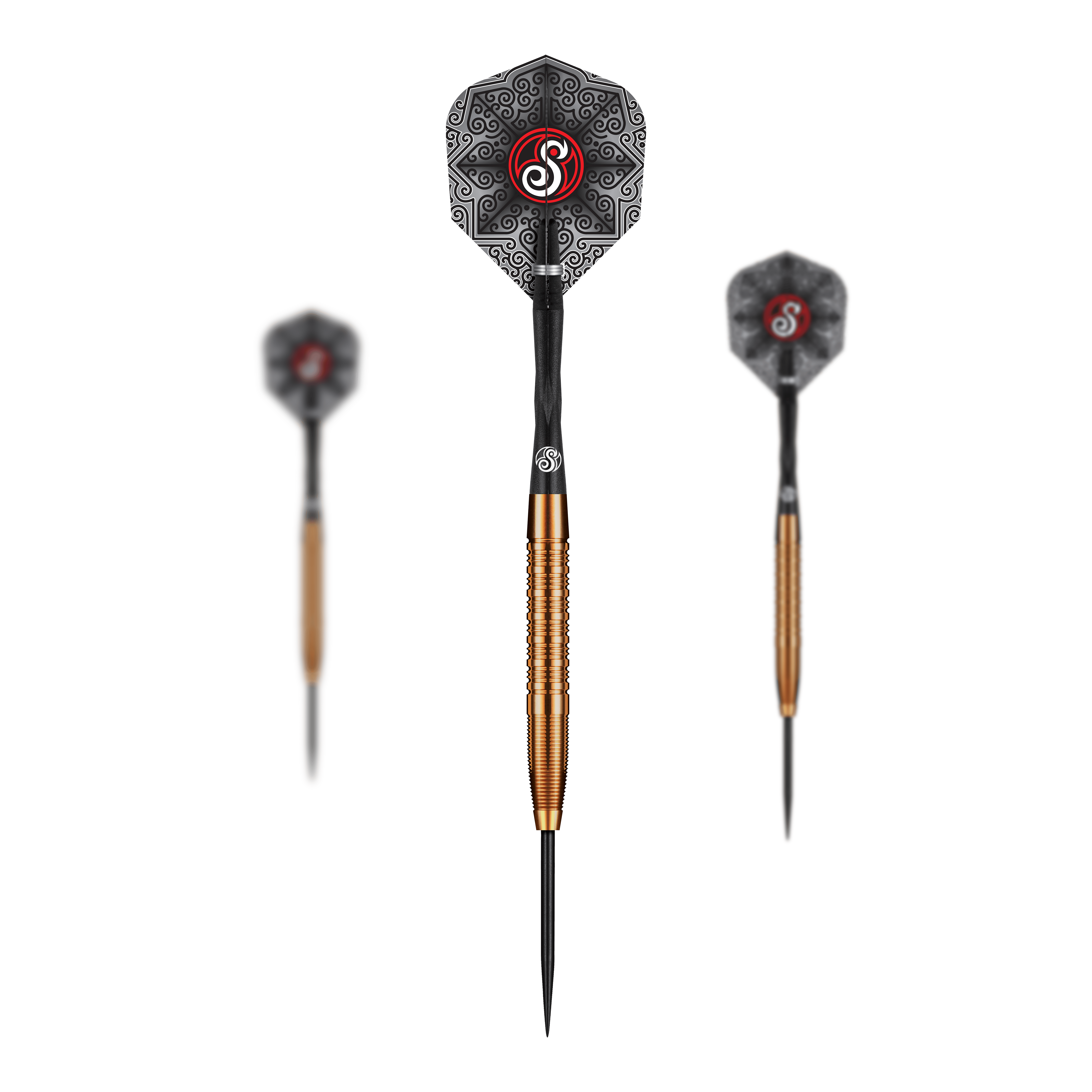 Shot Pro Series Jake Womack Steel Darts - 23g Das Bild zeigt die Shot Pro Series Jake Womack Steeldarts - 23g. Die Darts haben einen goldfarbenen Schaft und ein schwarzes Flight mit auffälligem Muster und rotem Logo.
