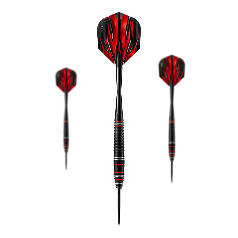 Harrows Fire Darts van hoogwaardig gelegeerd staal Auf dem Bild sind die Harrows Fire High Grade Alloy Steeldarts zu sehen. Die Darts haben ein schwarzes Design mit roten Flammen auf den Flights.