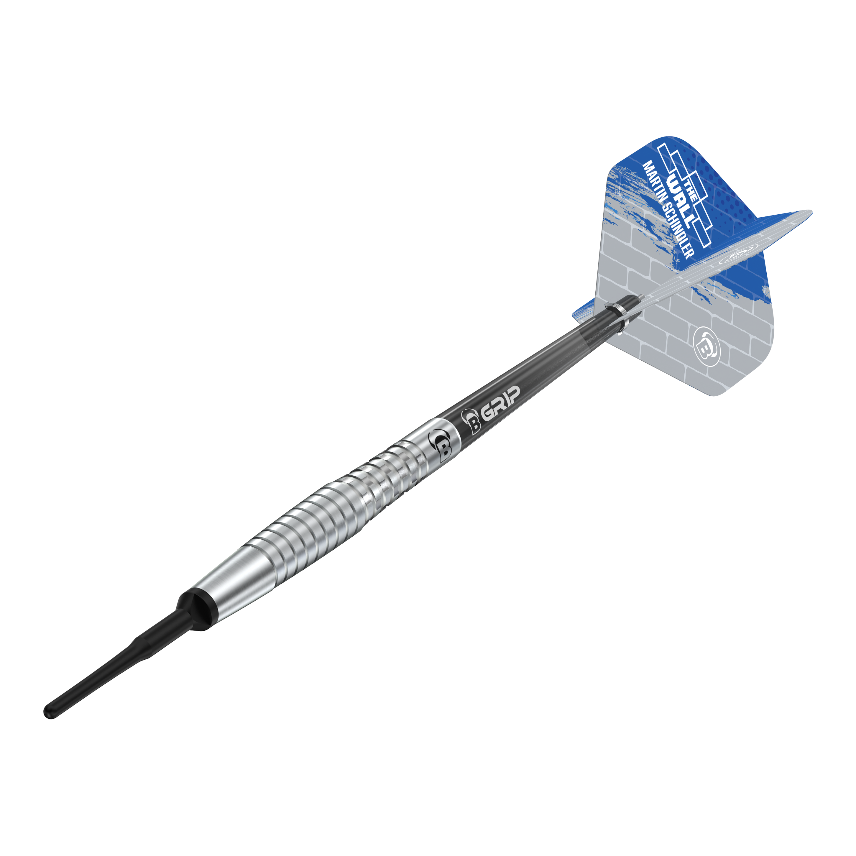 Bulls Martin Schindler Original Generation 2 zachte darts Das Bild zeigt den Softdart "Bulls Martin Schindler Original Generation 2". Der Dartpfeil hat einen silbernen, geriffelten Barrel und blaue Flights mit weißem Muster.