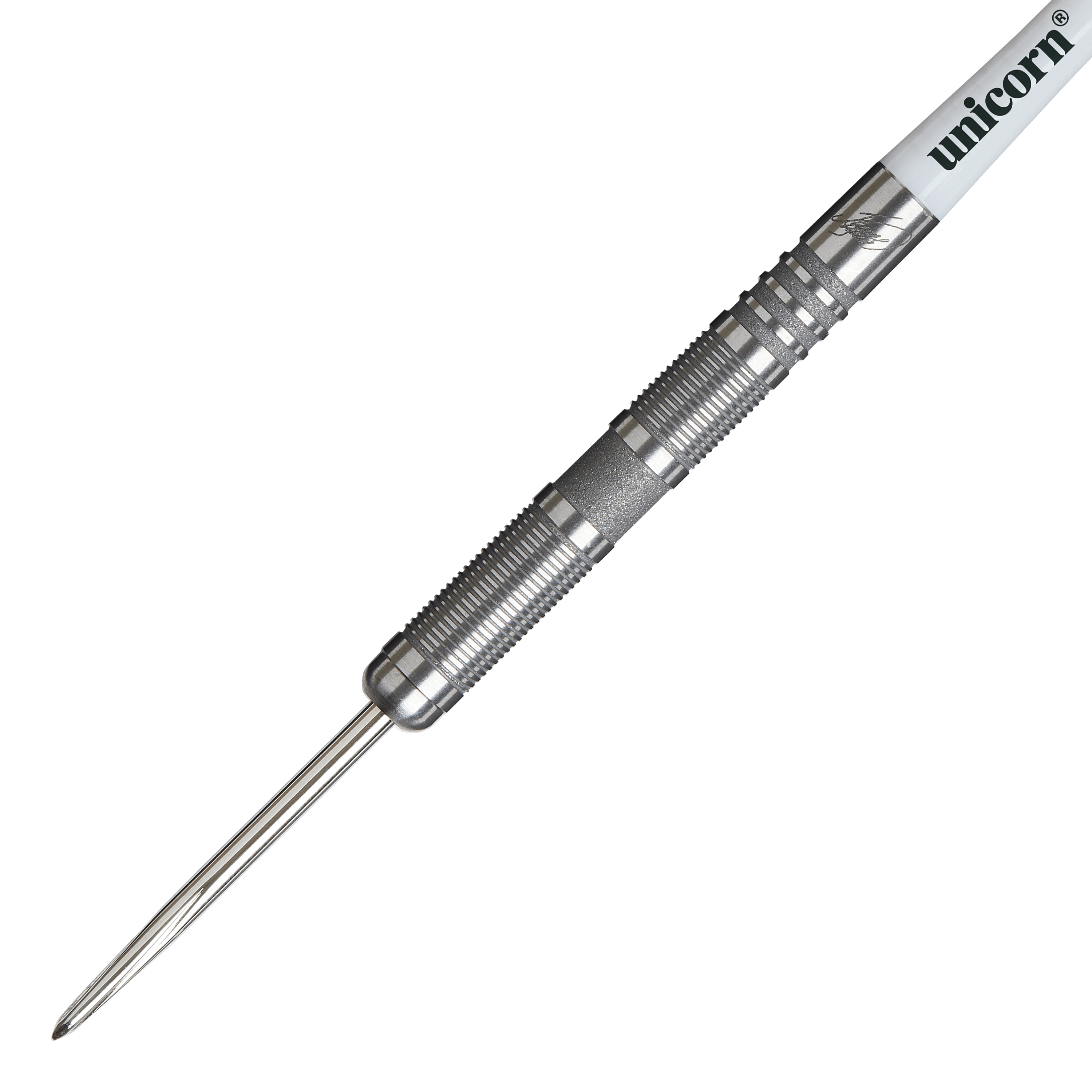 Unicorn James Wade The Machine Range Fase 4 Steeldarts Das Bild zeigt einen Unicorn James Wade The Machine Range Phase 4 Steeldart. Der Dartpfeil ist silberfarben und hat eine geriffelte Griffzone für besseren Halt.