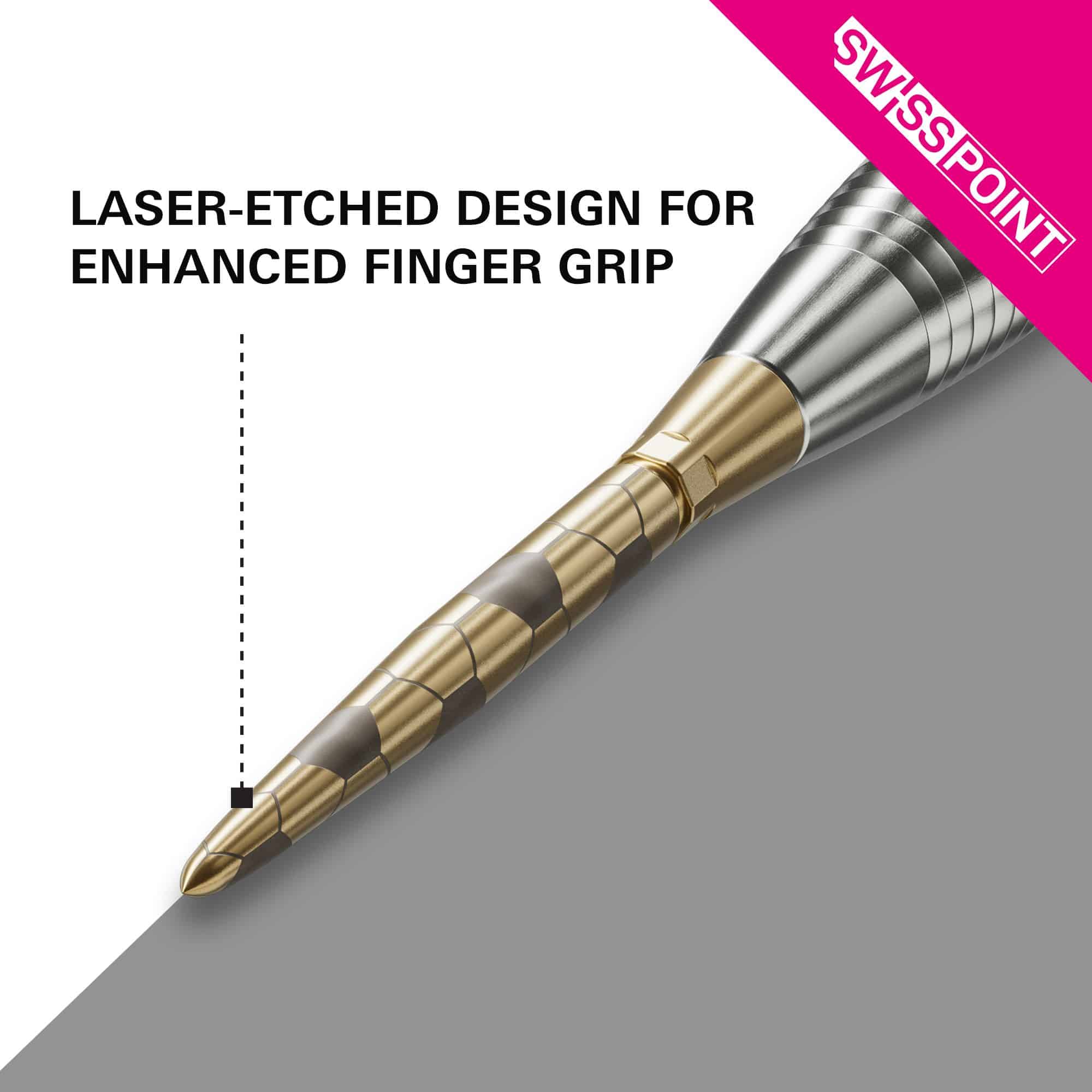 Target Swiss Storm Onyx Point Dartpunten - Goud Das Bild zeigt die goldene Target Swiss Storm Onyx Point Dartspitze mit einem lasergravierten Design. Dieses Design sorgt für einen verbesserten Fingergriff.