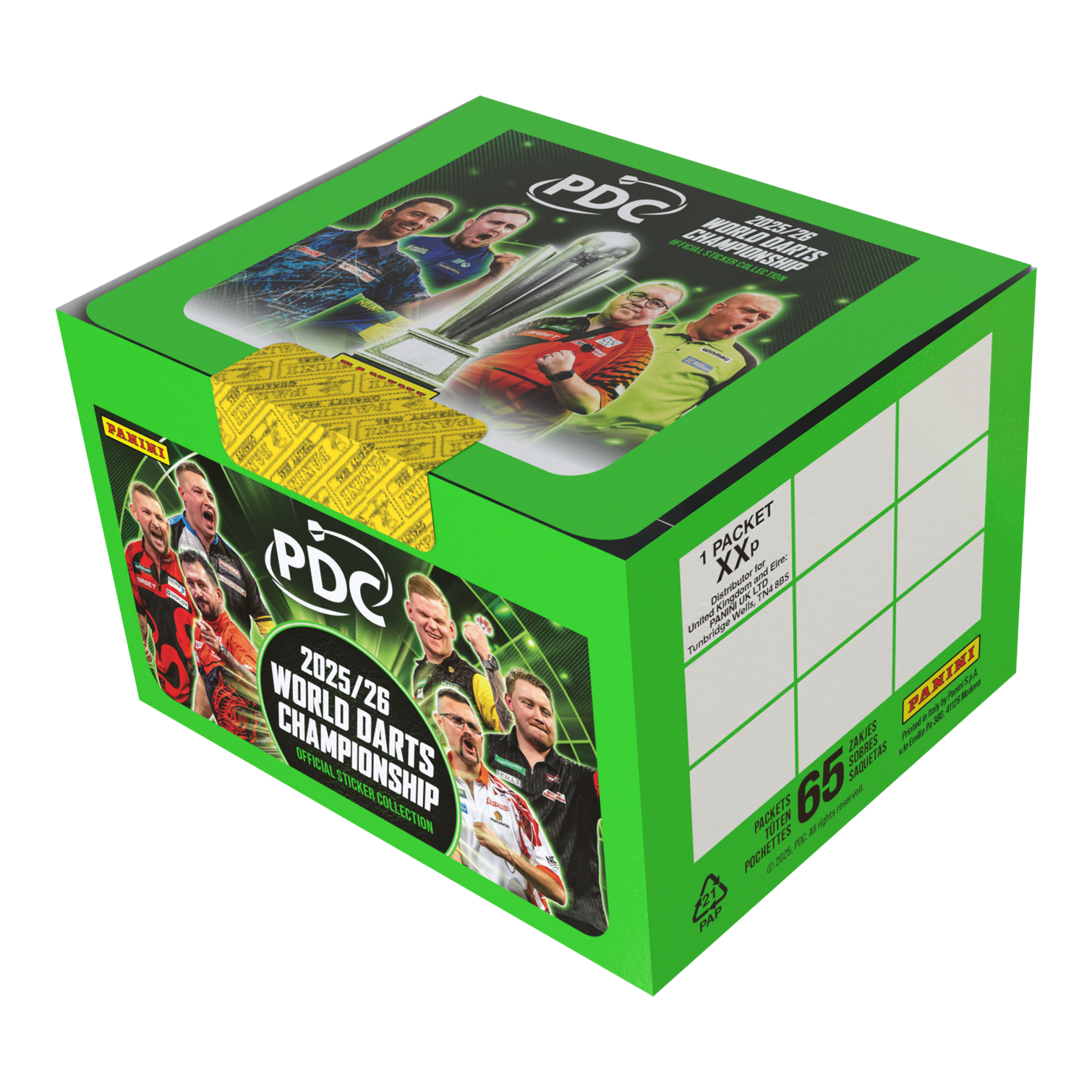 Panini PDC World Darts Championship 2025/26 - Stickerbox met 65 pakketten Abgebildet ist die Panini PDC World Darts Championship 2025/26 Stickerbox mit 65 Tüten. Diese Box enthält Stickertüten zum Sammeln von Motiven des Darts-Turniers.