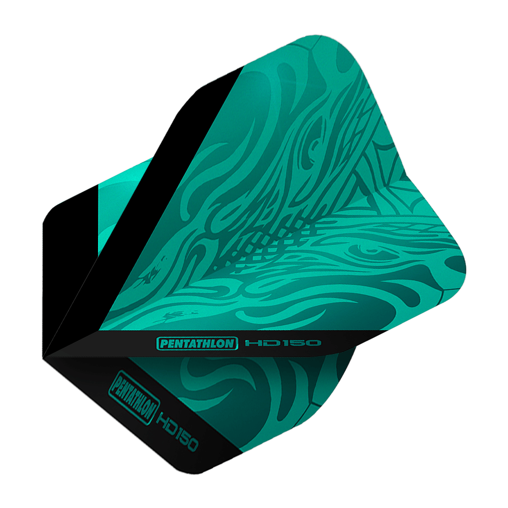 Pentatlon HD150 Metallic Aqua Standaard Vluchten Das Bild zeigt die Pentathlon HD150 Metallic Aqua Standard Flights. Die Flights haben ein auffälliges, aqua-blaues Design mit schwarz abgesetzten Akzenten.