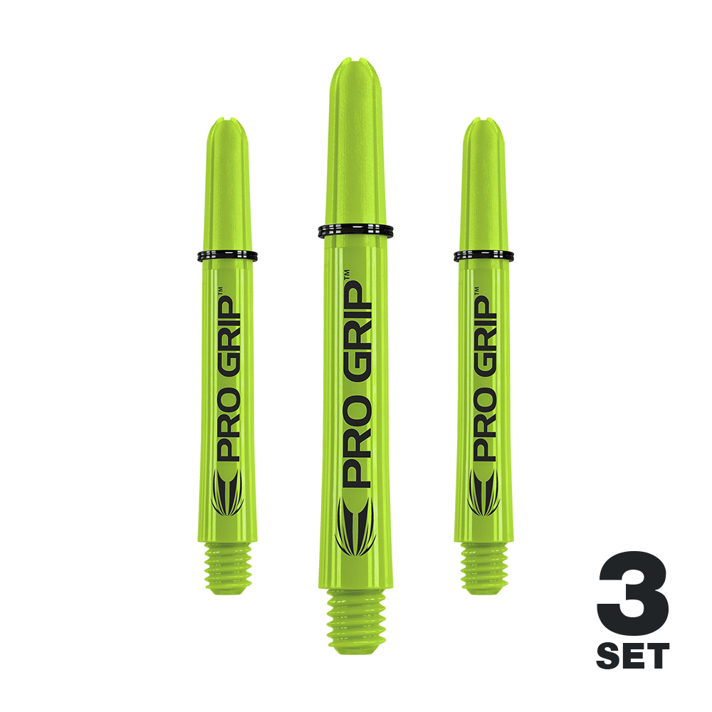 Target Pro Grip Shafts - 3 sets - Limoengroen Das Bild zeigt drei limegrüne Pro Grip Shafts für Darts. In der rechten unteren Ecke steht "3 SET".