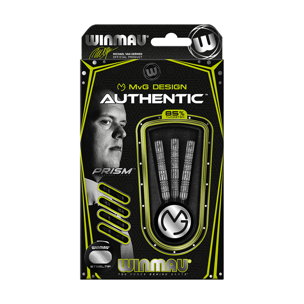 1443_Winmau_Michael_Van_Gerwen_MvG_Authentic_Steeldarts_3NGrZgYTawOCBO Die Abbildung zeigt die Verpackung der "Winmau Michael Van Gerwen MvG Authentic Steeldarts". Auf der Packung sind drei Darts und ein Bild von Michael Van Gerwen zu sehen.