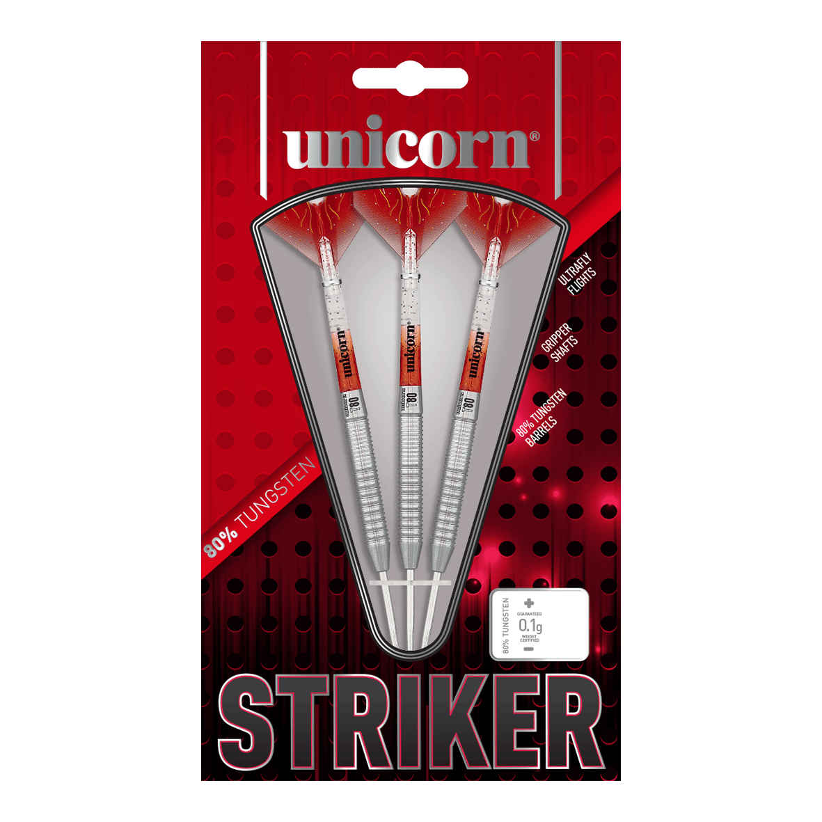 Unicorn Core XL Striker Style 5 stalen darts Das Bild zeigt die Verpackung der "Unicorn Core XL Striker Style 5 Steeldarts". In der Packung befinden sich drei Steeldarts mit silbernen Schäften und roten Flights.