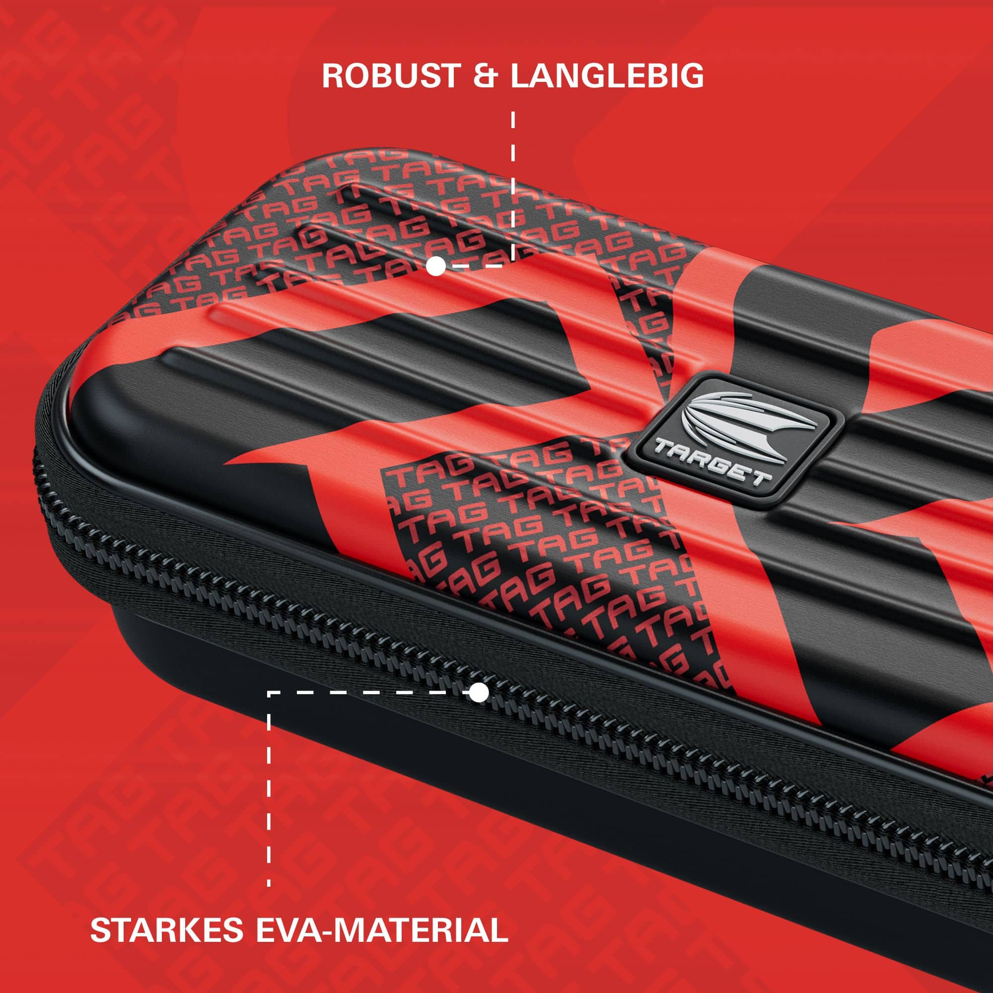Das Bild zeigt ein robustes Dart-Etui mit rotem und schwarzem Design. Es besteht aus starkem EVA-Material und trägt den Schriftzug "TARGET".