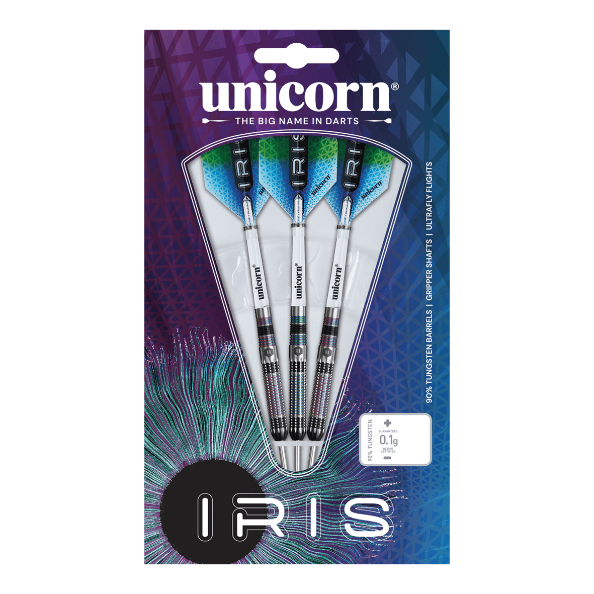 Unicorn Iris Steeldarts Das Bild zeigt eine Verpackung mit drei Steeldarts der Marke "Unicorn Iris". Die Darts haben silberne Schäfte und blaue Flights, und die Verpackung ist bunt gestaltet.