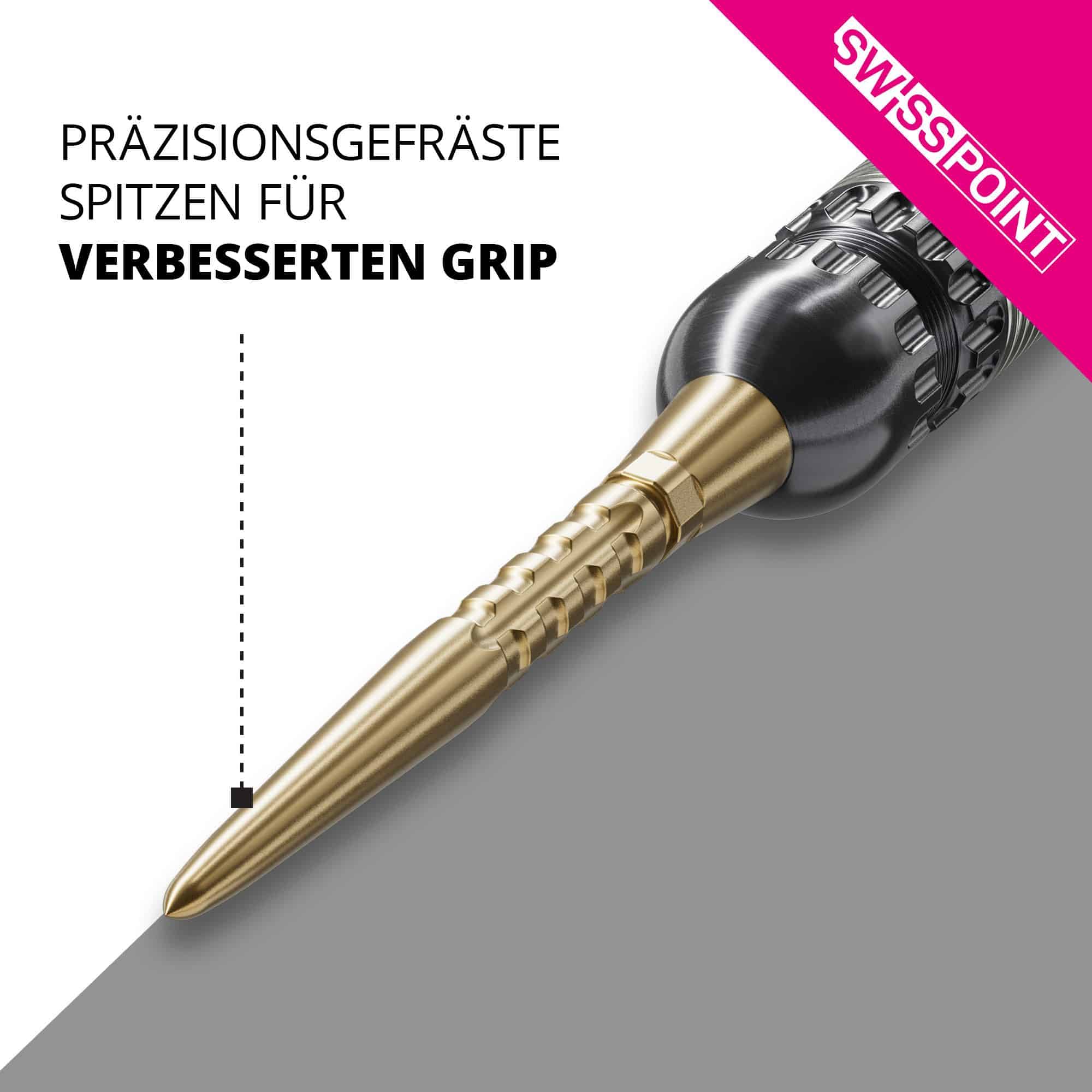 Target Swiss Point Storm Surge stalen dartpunten - goud Das Bild zeigt eine goldene Steeldartspitze mit präzisionsgefräster Oberfläche. Im Text wird ein verbesserter Grip durch diese spezielle Spitze hervorgehoben.