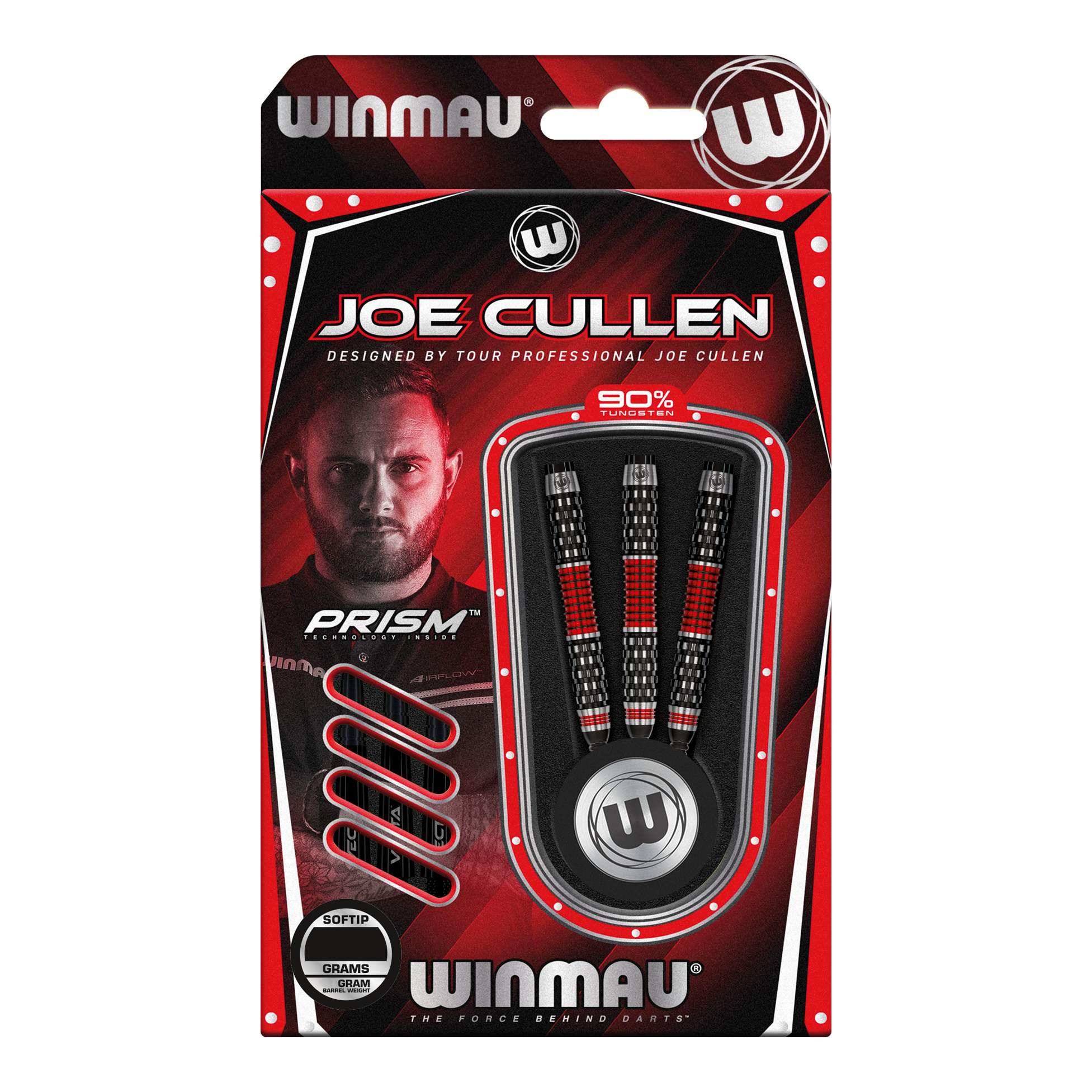 Winmau Joe Cullen Rockstar Series RS1 Zachte Darts - 20g Die Abbildung zeigt die Winmau Joe Cullen Rockstar Series RS1 Softdarts mit 20g Gewicht. Die Darts sind in einer rot-schwarzen Verpackung und enthalten 90% Tungsten.