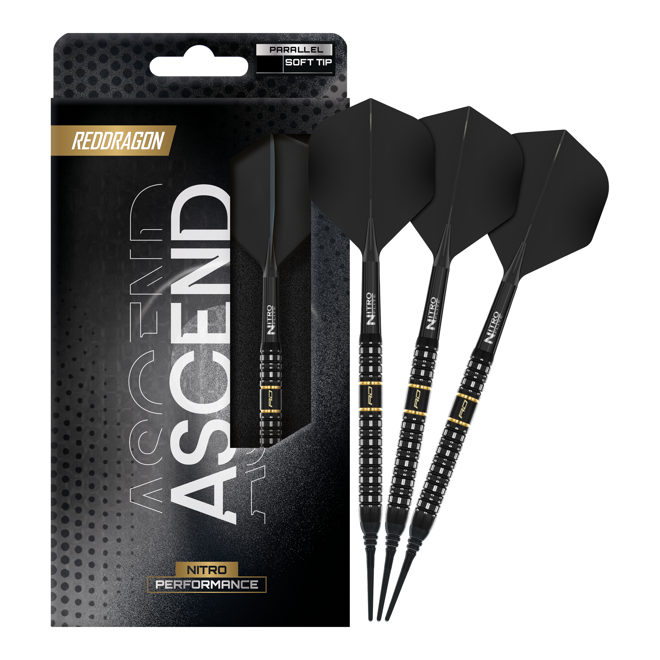 Abgebildet sind Red Dragon Ascend Parallel Softdarts - 20g. Die Darts sind für Präzision beim Spiel konzipiert.