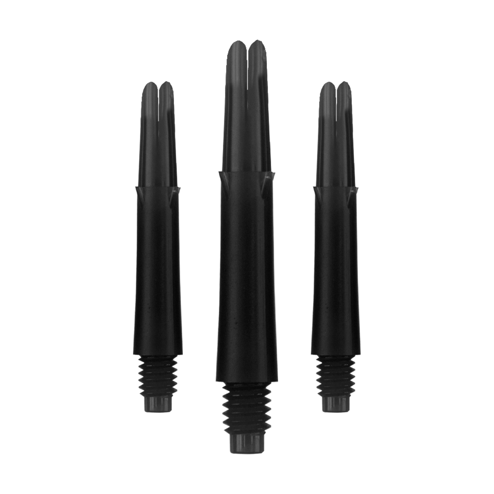 L-L-Style-Shafts Locked Straight - Zwart Auf dem Bild sind drei schwarze Dartschäfte in unterschiedlichen Längen zu sehen. Sie sind gerade geformt und haben ein Gewinde am unteren Ende.