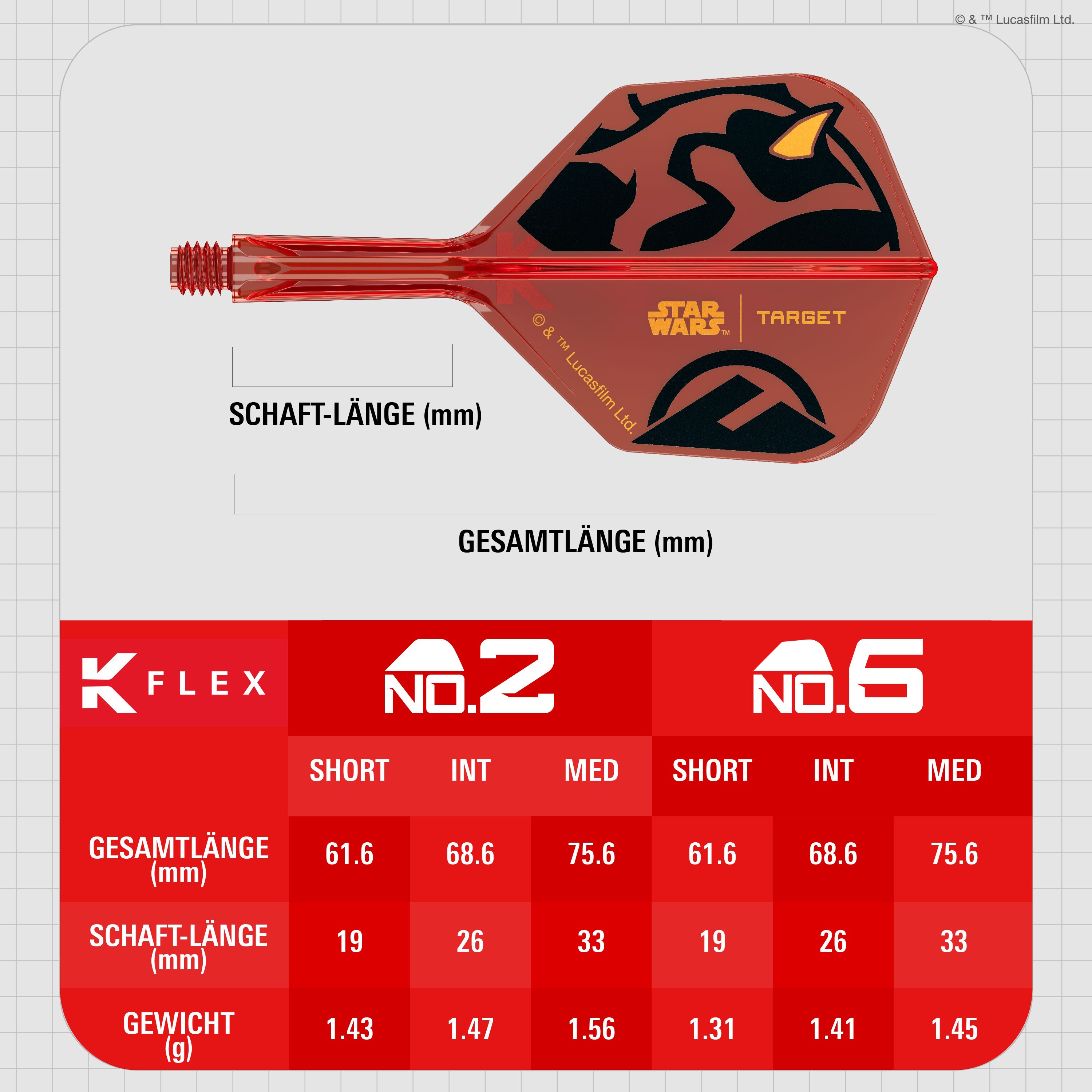 Target Star Wars K-Flex Darth Maul No6-vluchten Das Bild zeigt die Target Star Wars K-Flex Darth Maul No6 Flights. Die Dartflights sind im Stil von Darth Maul aus Star Wars gestaltet.