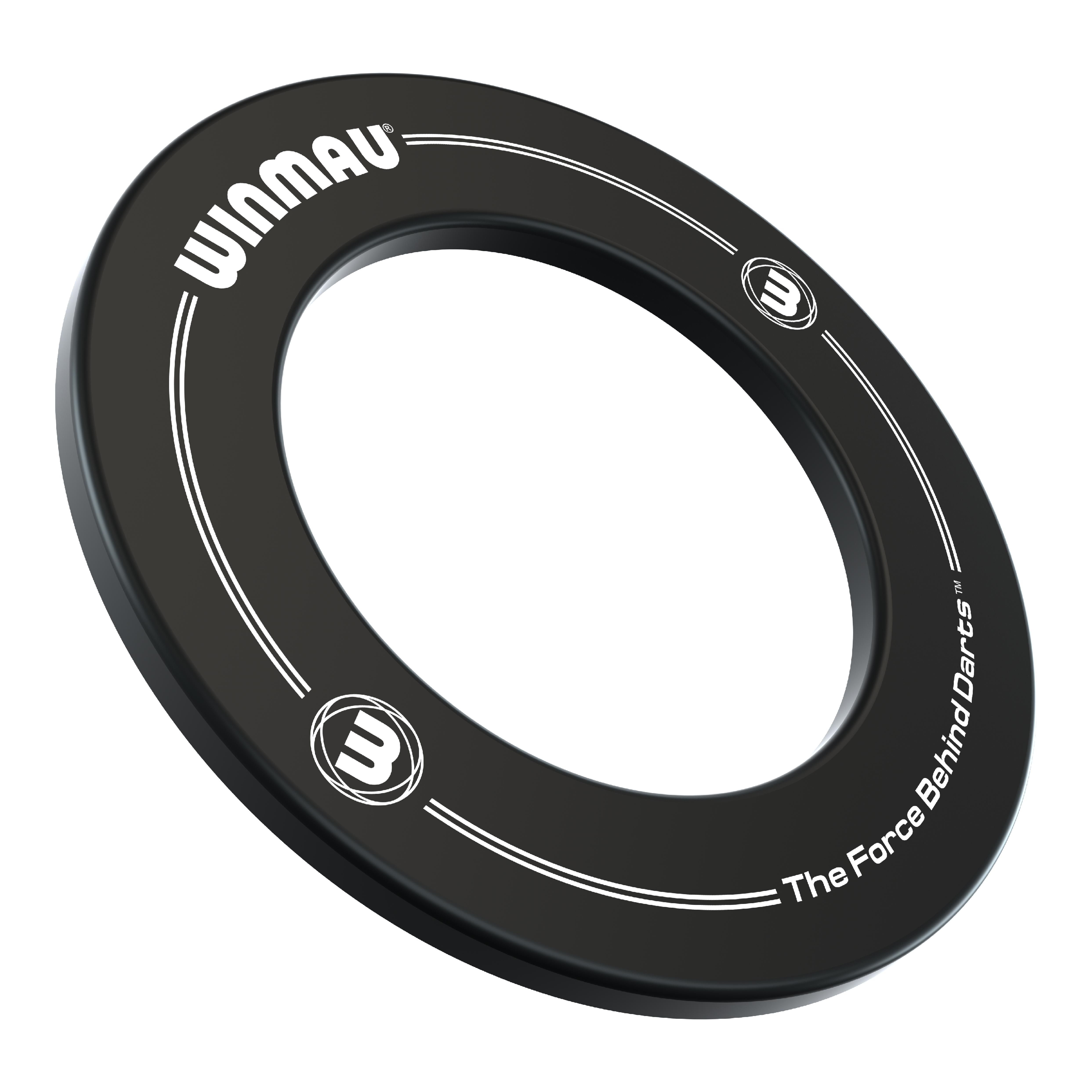 Winmau Dartboard Surround Das Bild zeigt einen schwarzen Dartboard-Surround-Ring mit der Aufschrift "WINMAU". Am Rand steht außerdem der Slogan "The Force Behind Darts".