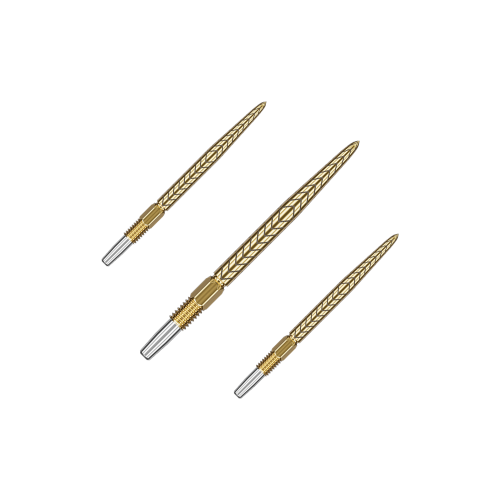 Target Swiss Point RVE darttips - Goud Auf dem Bild sind drei goldene Dartspitzen mit silbernen Enden zu sehen. Sie sind fein gearbeitet und haben ein geprägtes Muster auf der Oberfläche.