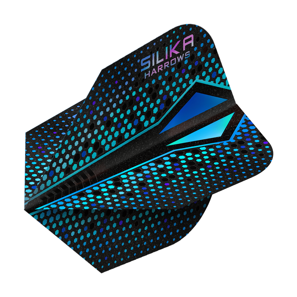 Harrows Silika Colorshift sterke kristallijne coating Blue-X No6 Flights Das Bild zeigt einen Harrows Silika Colourshift Tough Crystalline Coating Blue-X No6 Flight. Das Dart-Flight hat ein schwarzes Design mit blauen und türkisfarbenen Punkten und geometrischen Mustern.