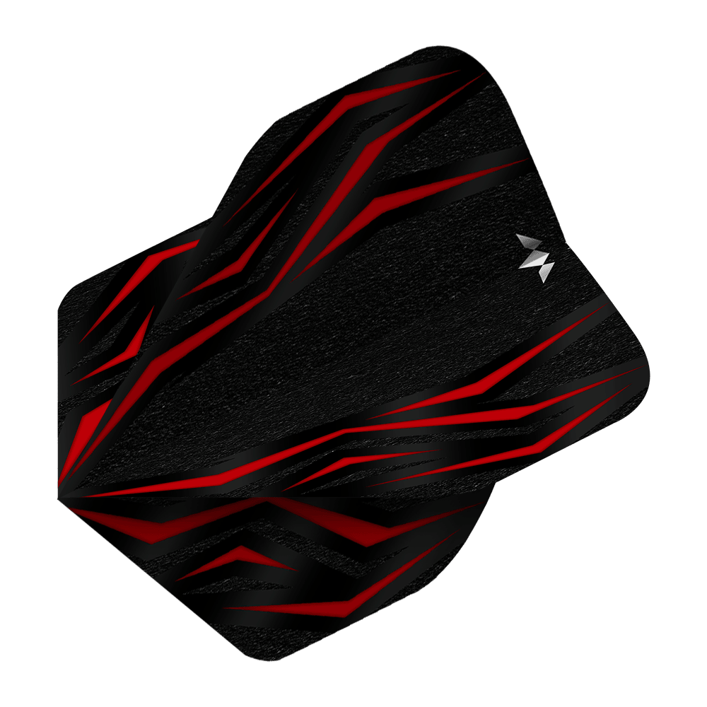 Mission Lava Red No2 Standaardvluchten Das Bild zeigt einen Mission Lava Red No2 Standard Flight für Darts. Das Design ist überwiegend schwarz mit auffälligen roten Linien und einem kleinen weißen Logo.