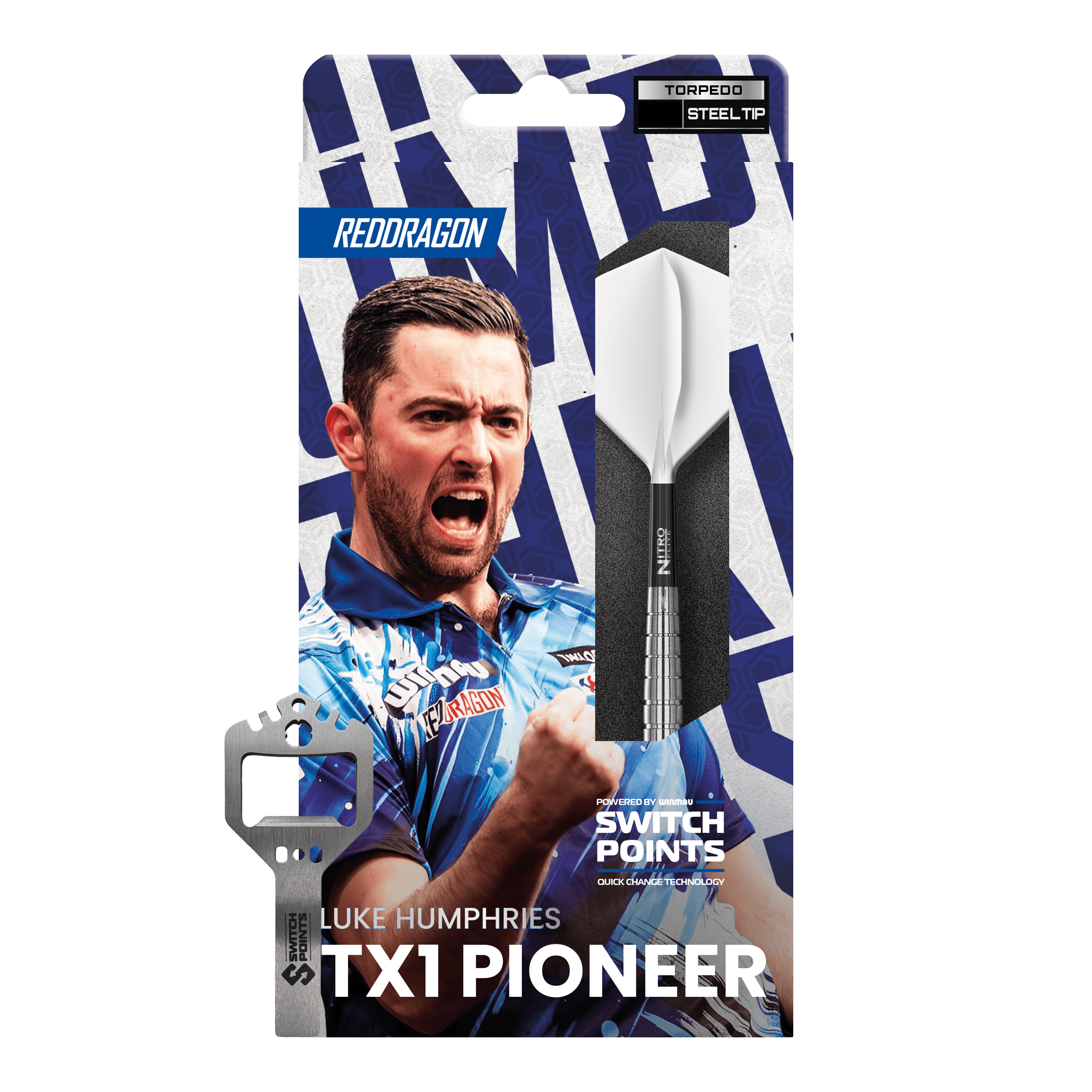 Gezeigt werden die Red Dragon Luke Humphries TX1 Pioneer Switch Point Steeldarts. Das Produkt ist für anspruchsvolle Dartspieler gedacht.