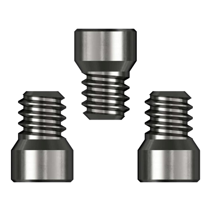 Caliburn-systeemkranen Das Bild zeigt drei Caliburn System Spigots mit einem Durchmesser von 2,33 mm. Sie sind aus Metall gefertigt und haben ein Gewinde auf einer Seite.