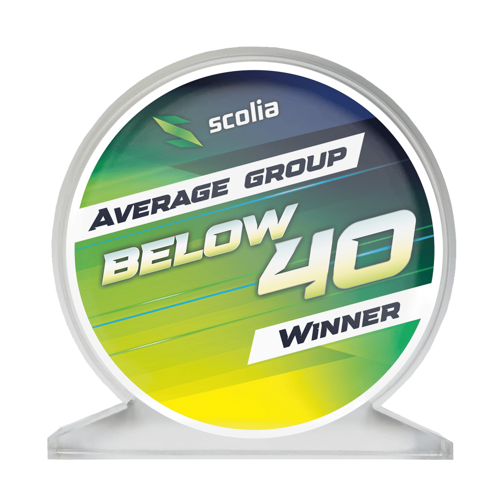 Scolia Acrylglas Trofee - Winnaar Das Bild zeigt einen Acrylglas-Pokal mit der Beschriftung "SCOPO-B40 Scolia". Es handelt sich um eine Auszeichnung für einen Average unter 40.