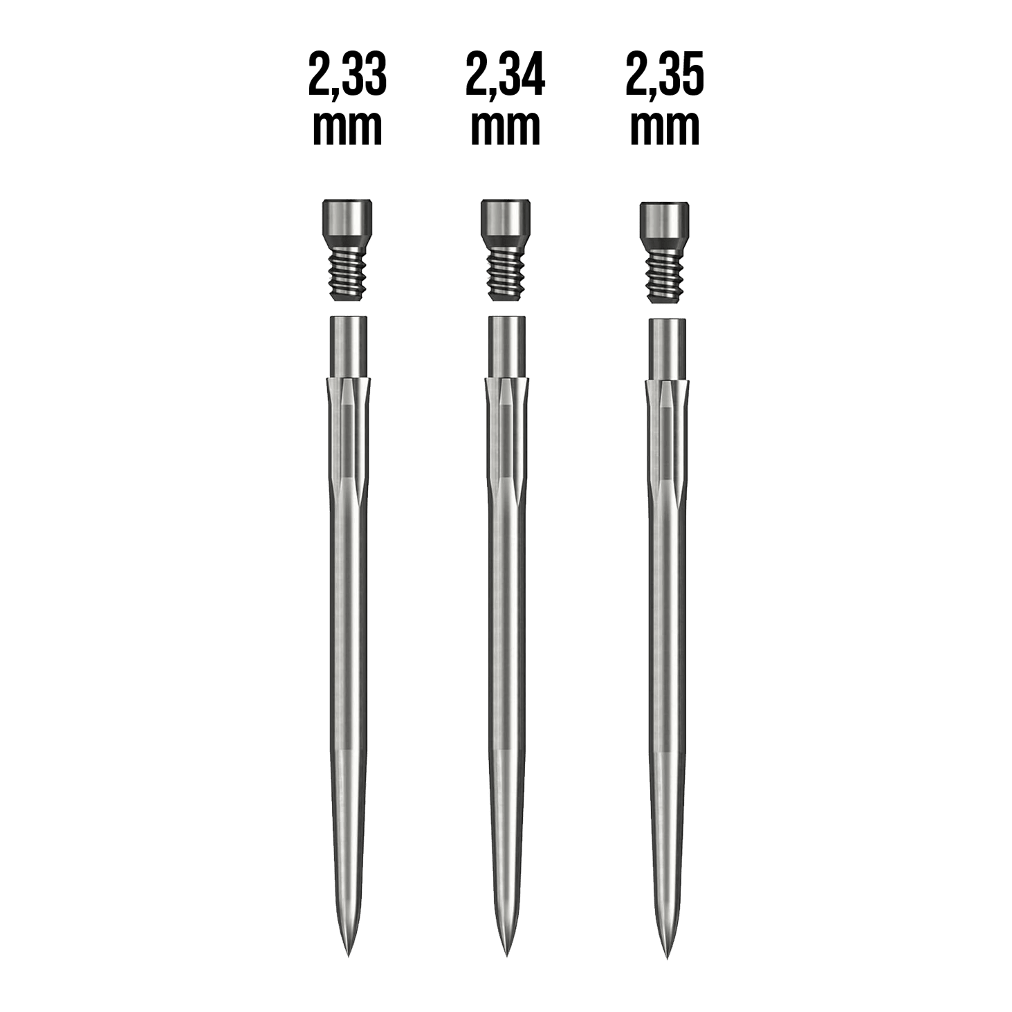 Caliburn Starterkit Das Bild zeigt drei metallische Stifte mit unterschiedlichen Durchmessern: 2,33 mm, 2,34 mm und 2,35 mm. Sie gehören zum Produkt "Caliburn Starter-Kit."