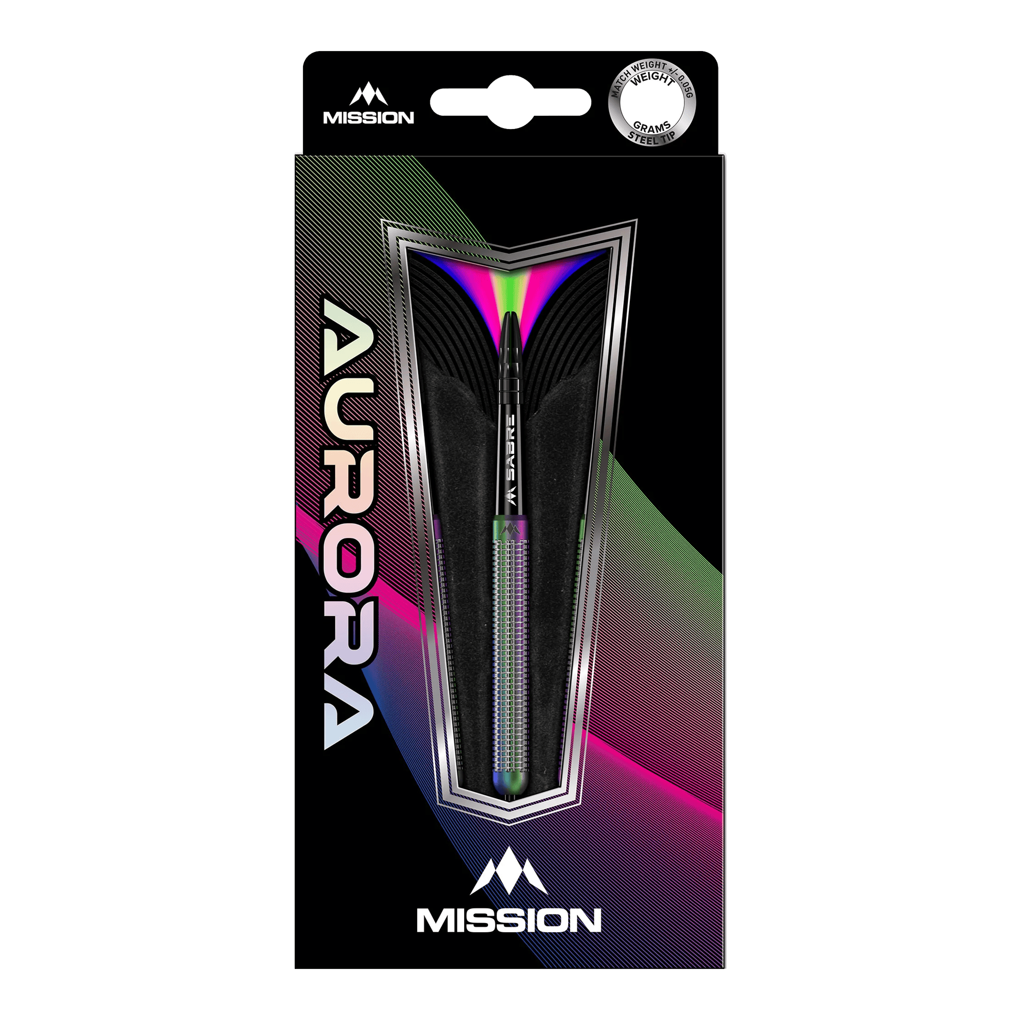 Mission Aurora Coral PVD stalen darts - 23g Die Abbildung zeigt die Mission Aurora Coral PVD Steeldarts mit einem Gewicht von 23g in ihrer Verpackung. Das Design der Verpackung ist modern und farbenfroh, mit auffälligen Regenbogen-Effekten.