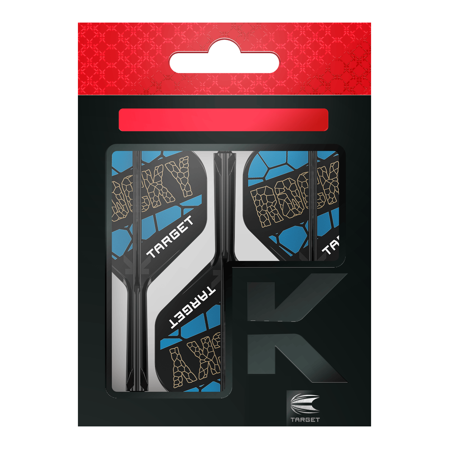 Target K-Flex Josh Rock No2 Standaard Vlucht Shaft Systeem Das Bild zeigt das Produkt "Target K-Flex Josh Rock No2 Standard Flight-Shaft-System" in seiner Verpackung. Die Flights sind schwarz, blau und weiß gestaltet und tragen den Schriftzug "ROCKY" sowie "TARGET".