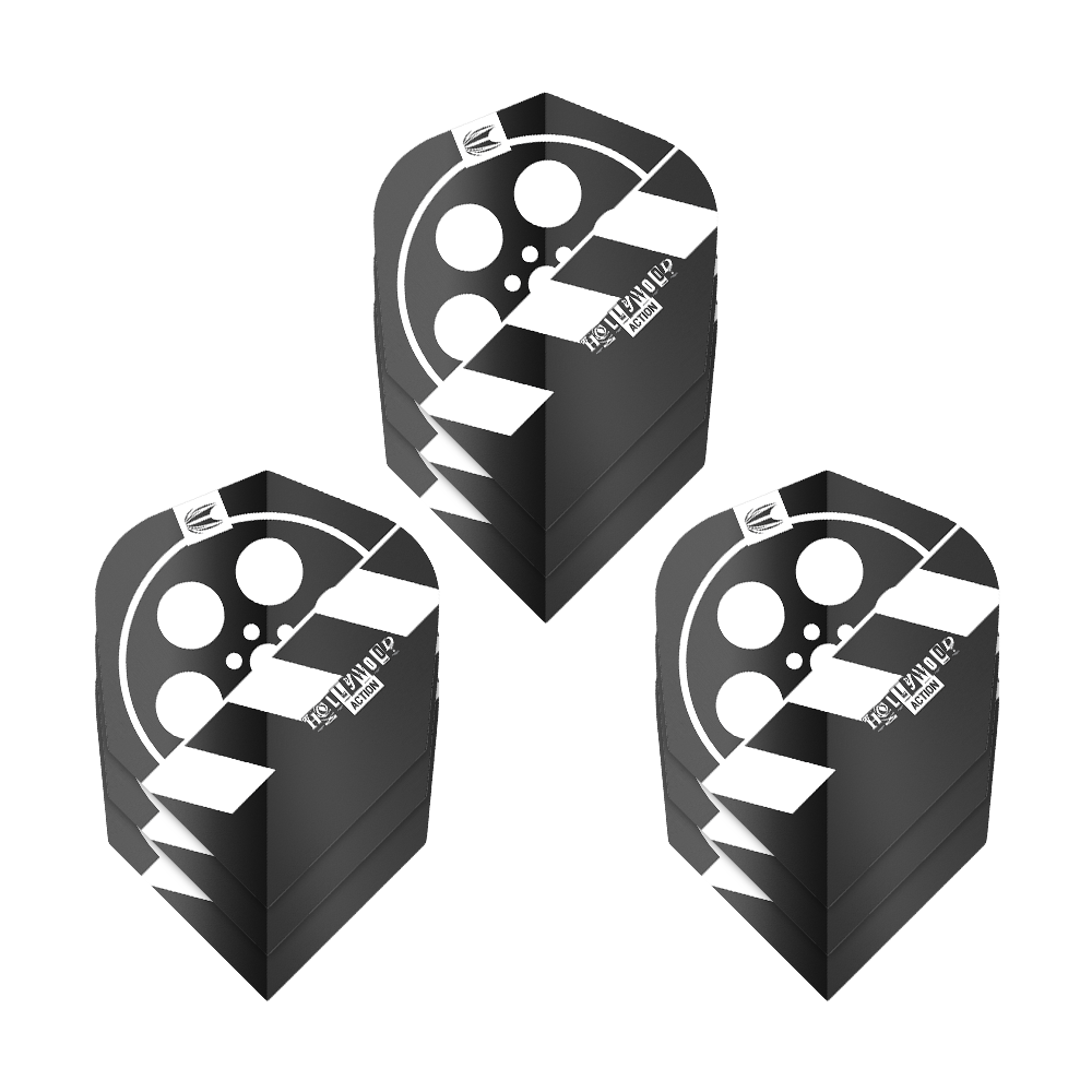 Target Pro Ultra Chris Dobey Hollywood Action No6 Vluchten - 3 Sets Das Bild zeigt drei Sets von schwarzen Dartflights mit einem Filmrollen-Design. Auf den Flights steht „HOLLYWOOD ACTION“ und sie gehören zum Produkt „Target Pro Ultra Chris Dobey Hollywood Action No6“.