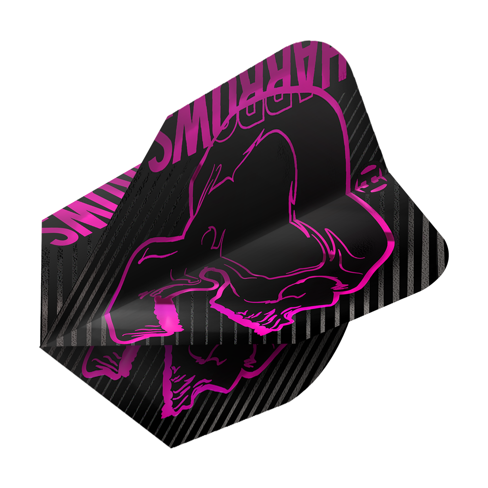 Harrows Rage Roze nr. 6 vluchten Dies ist ein Dartflight des Modells „Harrows Rage Pink No6“. Das Design ist schwarz mit einem auffälligen pinken Totenkopf und den Worten „Harrows“ in Pink.