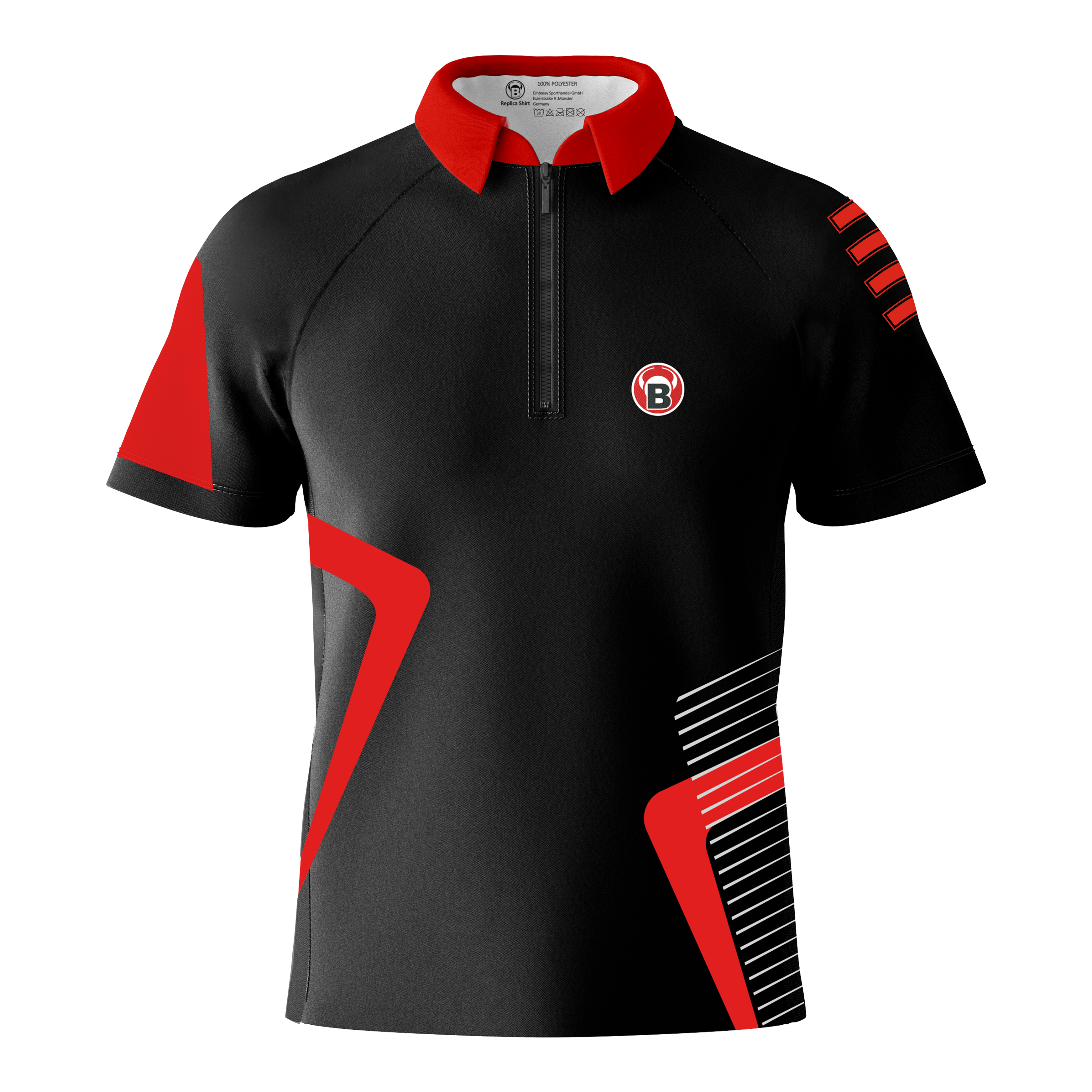 Bulls Team Dart Shirt - Rood Das Bild zeigt ein schwarzes Dartshirt mit roten und weißen Akzenten. Auf der linken Brust befindet sich ein rundes Logo mit einem "B".