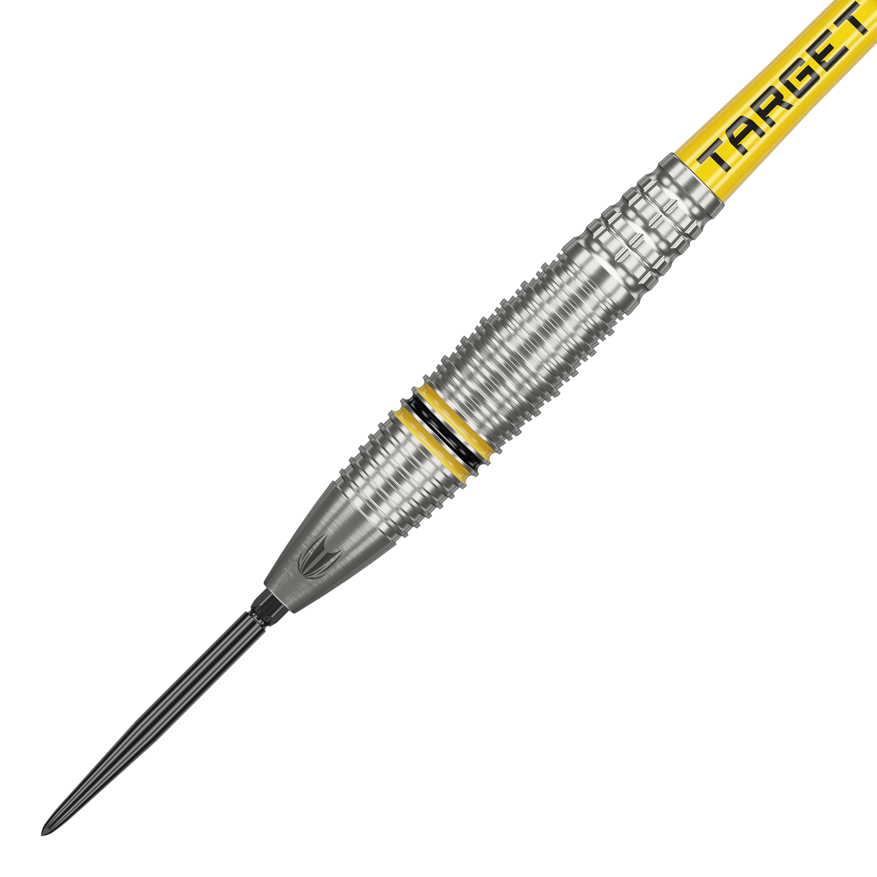 Das Bild zeigt einen Target Scott Williams GEN2 Swiss Point Steeldart. Der Dart ist silberfarben mit gelben und schwarzen Akzenten sowie der Aufschrift "TARGET" auf dem Schaft.