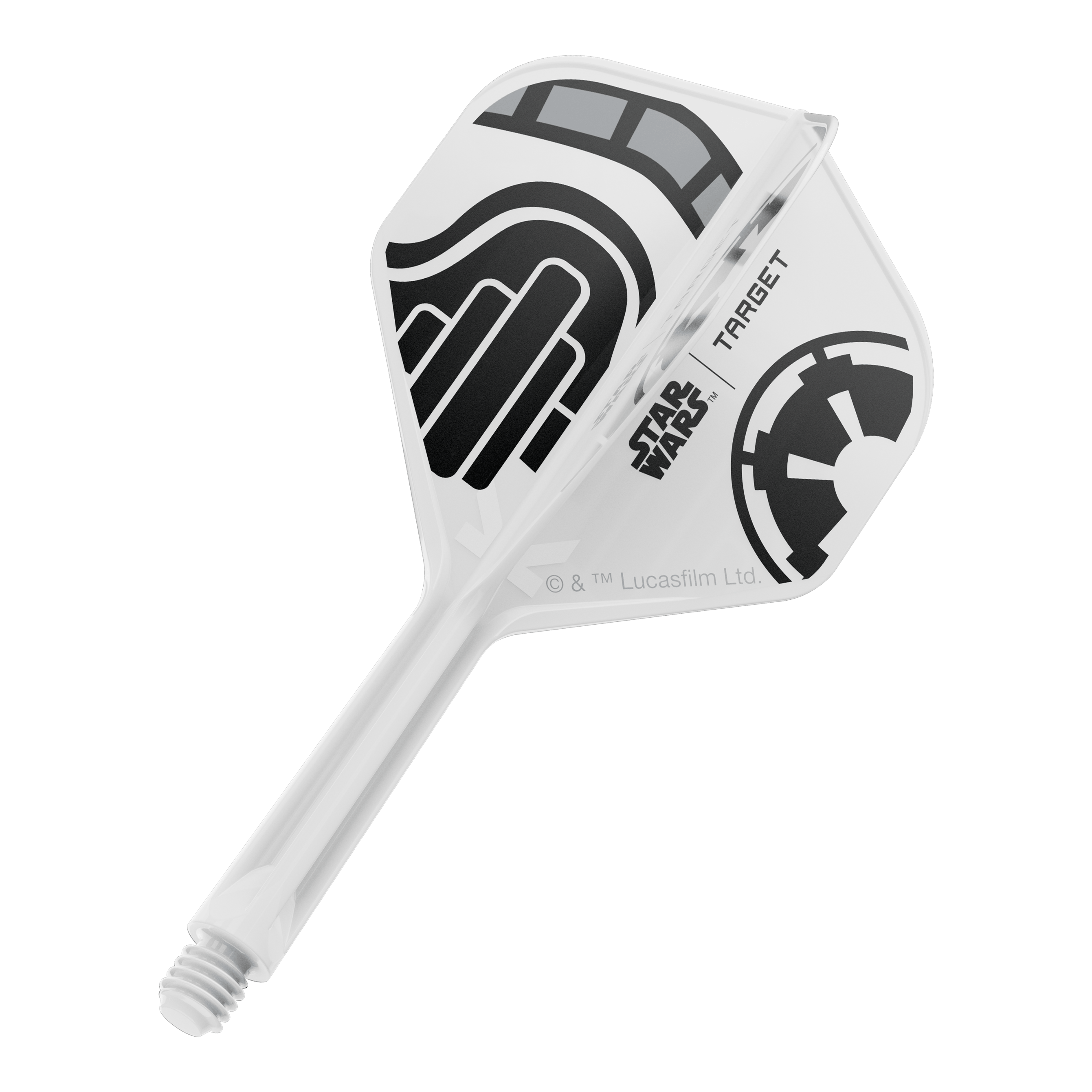 Das Bild zeigt einen einzelnen Dart-Flight aus der Star Wars KFlex Stormtrooper Serie. Der Flight ist in der Standardgröße und hat eine Länge von 26 mm.