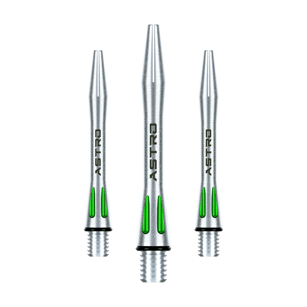 Das Bild zeigt drei silberne Dartschäfte mit grünen Akzenten. Auf den Schäften steht das Wort "ASTRO" geschrieben.