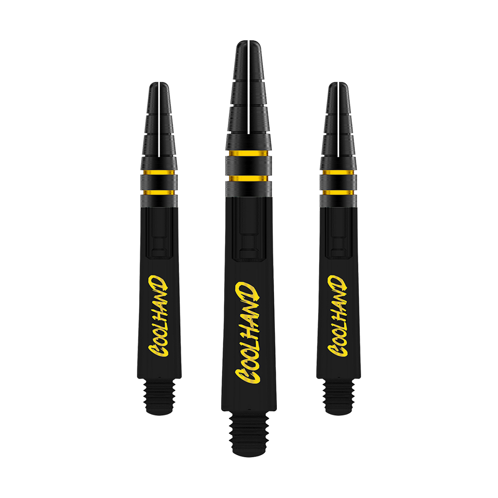 Red Dragon Nitrotech Luke Humphries Coolhand Shafts - Zwart Auf dem Bild sind drei schwarze Dartschäfte mit gelber Aufschrift "COOLHAND" zu sehen. Die Schäfte haben goldene Akzente und sind 36 mm lang.