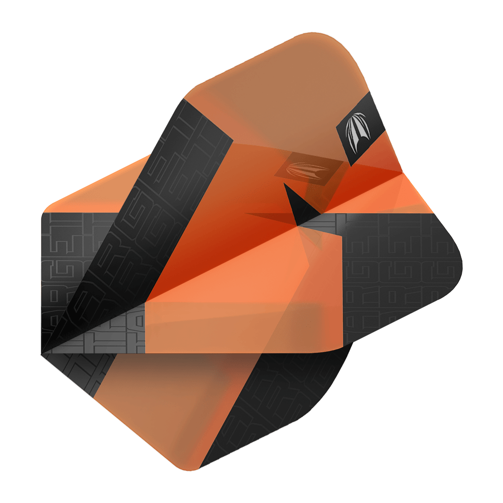 Das Bild zeigt orangefarbene und schwarze Dart-Flights mit einem modernen Design. Es handelt sich um das Produkt "Target Pro Ultra TAG Orange No2 Standard Flights - 3 Sets".