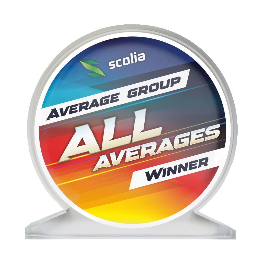 Scolia Acrylglas Trofee - Winnaar Das Bild zeigt einen Acrylglas-Pokal für alle Durchschnitte, genannt AllAverages. Er kann für verschiedene Kategorien im Dartsport vergeben werden.