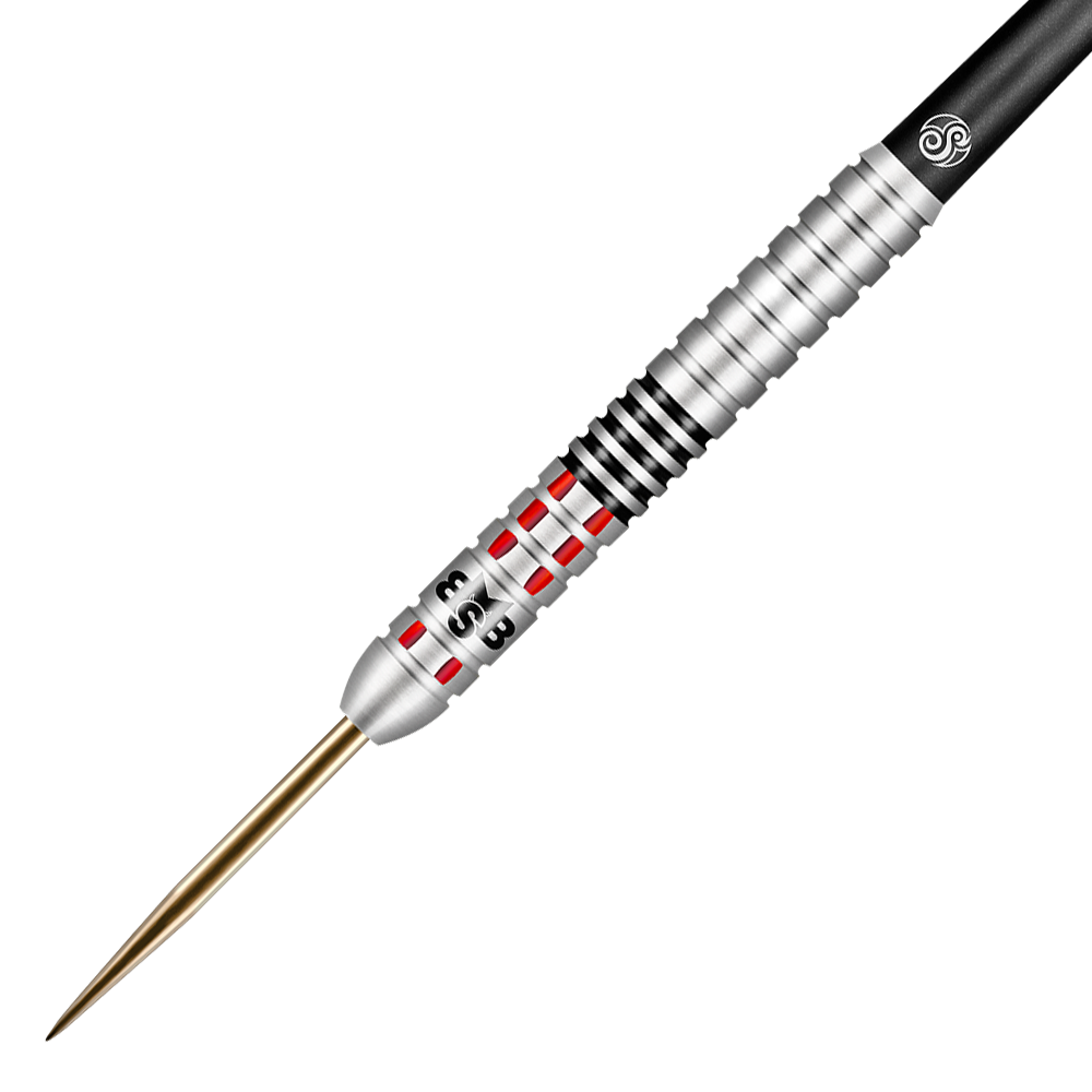 Shot Michael Smith bereikt Steel Darts Auf dem Bild ist ein Steeldart mit silbernem Barrel, roten Akzenten und schwarzem Griffbereich zu sehen. Es handelt sich um das Produkt "Shot Michael Smith Achieve Steeldarts".