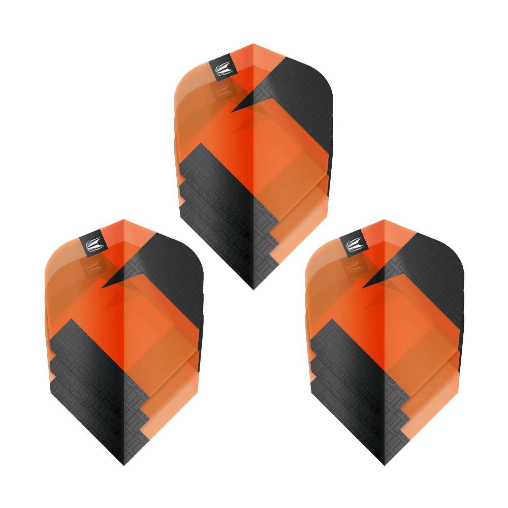 Das Bild zeigt drei Sets von Target Pro Ultra TAG Orange Ten-X Standard Flights. Die Flights sind orange und schwarz gestaltet und haben ein modernes, geometrisches Muster.