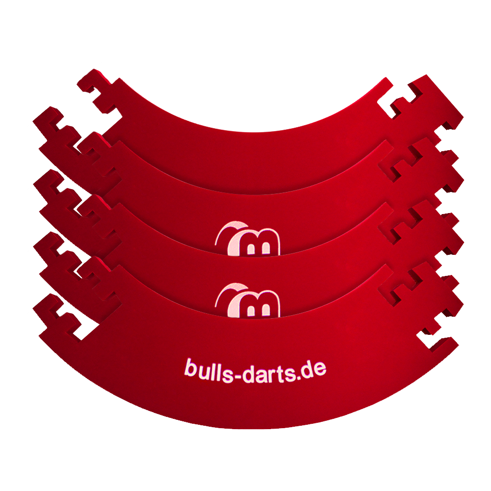 DBS3R_Bulls_Quarterback_Surround_Rot_3 Das Bild zeigt vier rote Viertelkreise mit dem Aufdruck „bulls-darts.de“. Diese Teile gehören zum Produkt „Quarterback Surround“ für eine Dartscheibe.