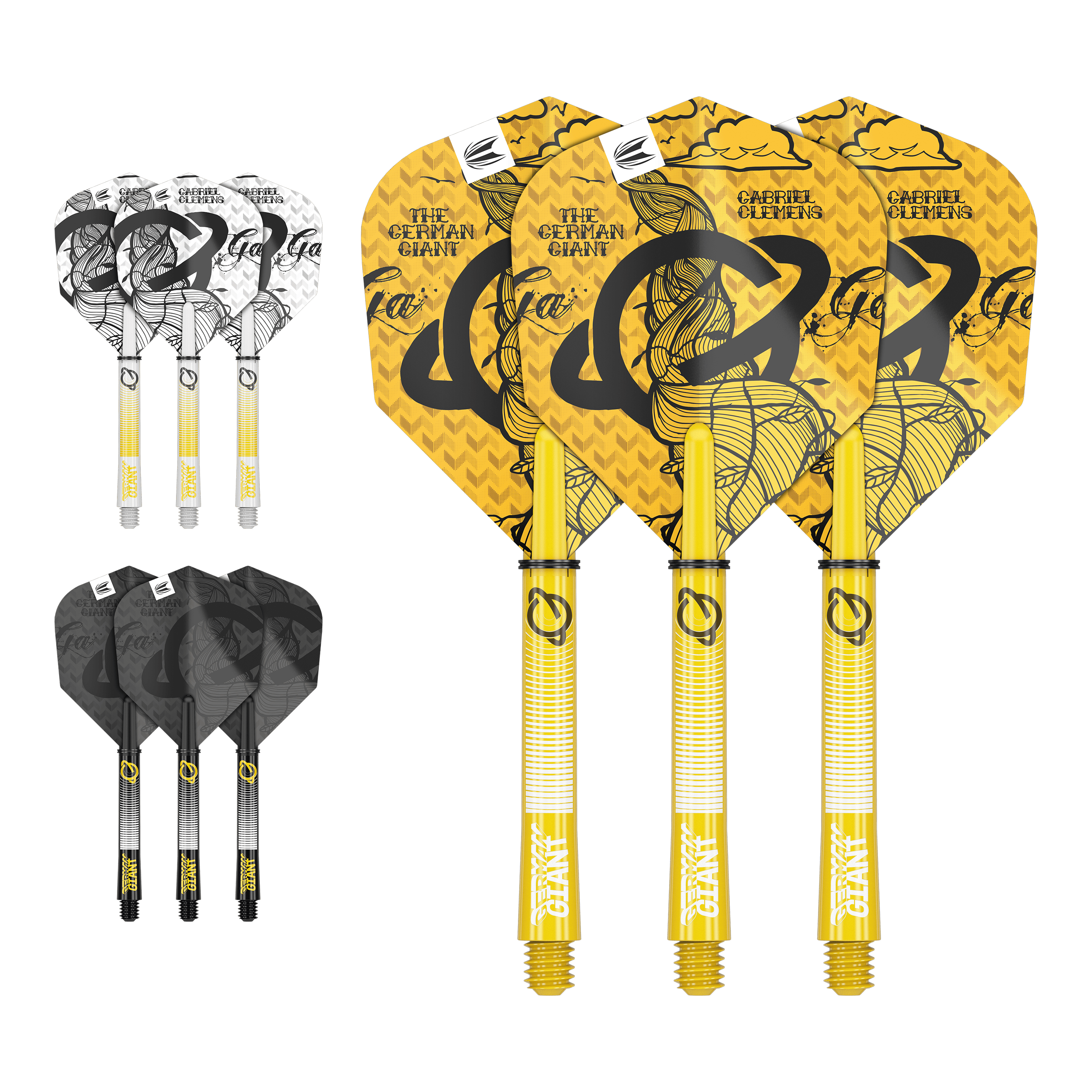 Target Ink Flight Shaft Kit Gabriel Clemens Das Bild zeigt drei Sätze Dartflights und -schäfte in verschiedenen Farben und Designs. In der Mitte befindet sich ein gelbes Set mit der Aufschrift "The German Giant" und "Gabriel Clemens".