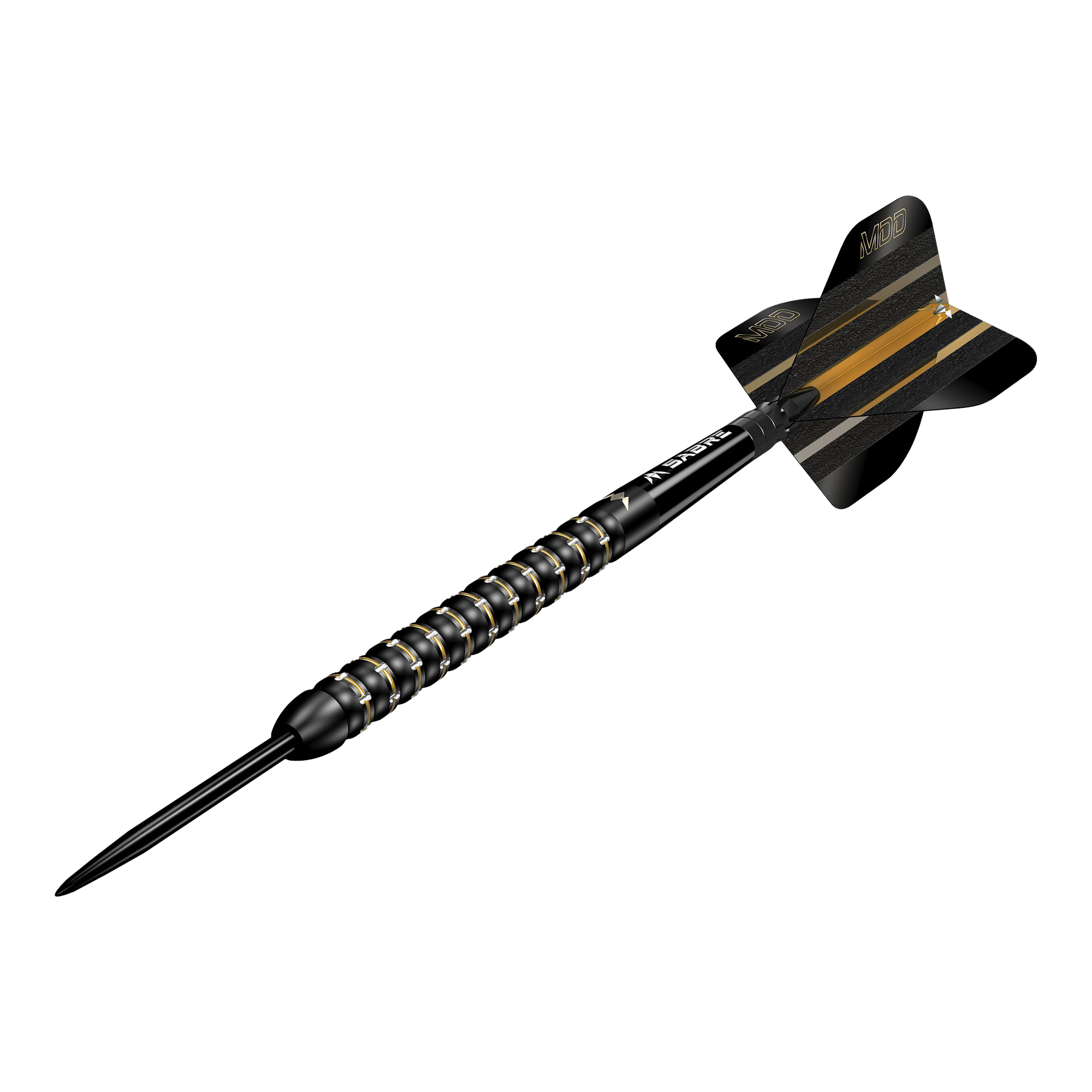 Mission Mike De Decker MDD Black Gold Steeldarts Dies ist ein Steeldartpfeil des Modells "Mission Mike De Decker MDD Black Gold". Der Pfeil ist schwarz mit goldenen Akzenten und hat eine strukturierte Griffzone.