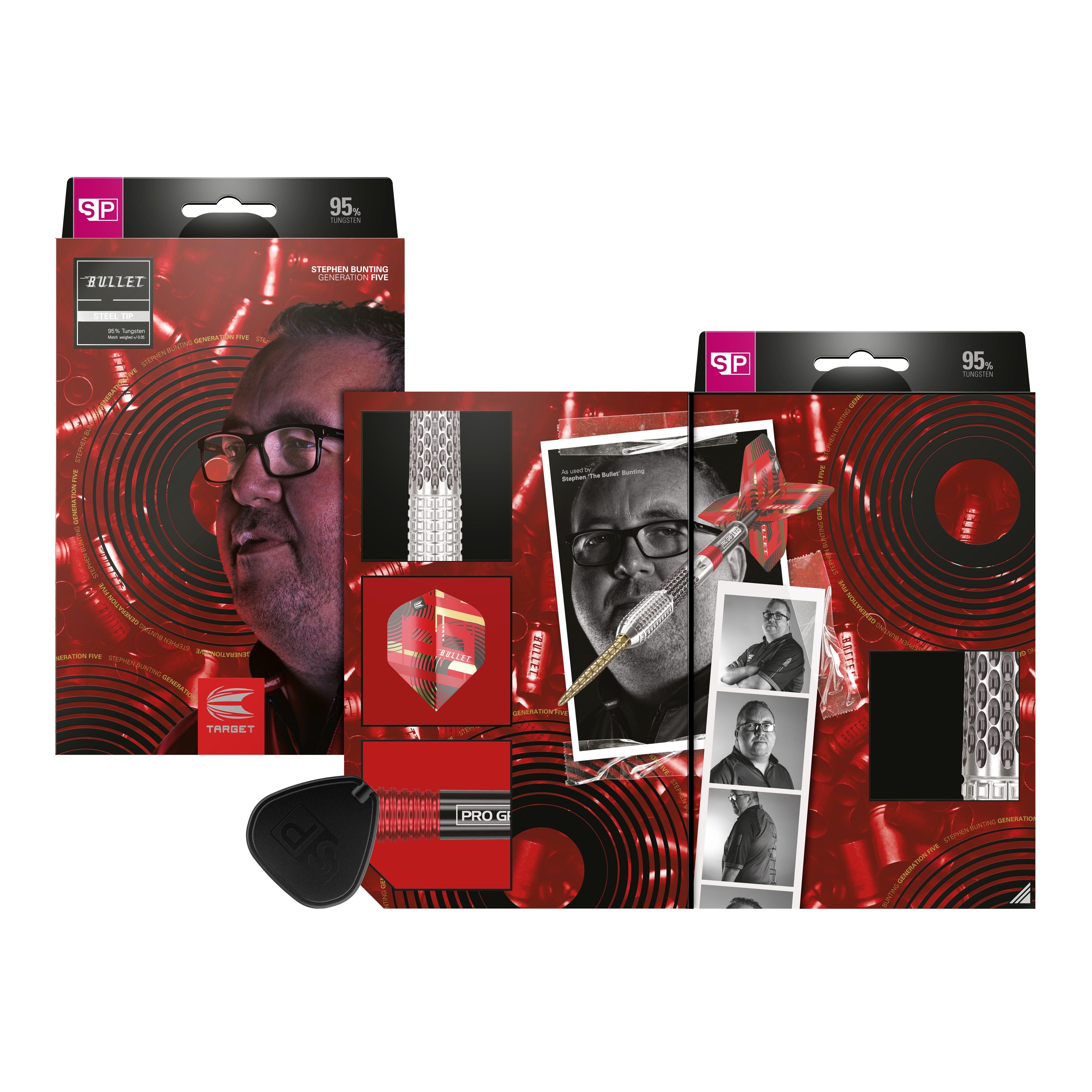 Target Stephen Bunting GEN5 Swiss Point Steel Darts Die Abbildung zeigt die Verpackung und den Inhalt der Target Stephen Bunting GEN5 Swiss Point Steeldarts. Auf der Verpackung ist ein Porträt von Stephen Bunting sowie mehrere Produktbilder und Details der Darts zu sehen.