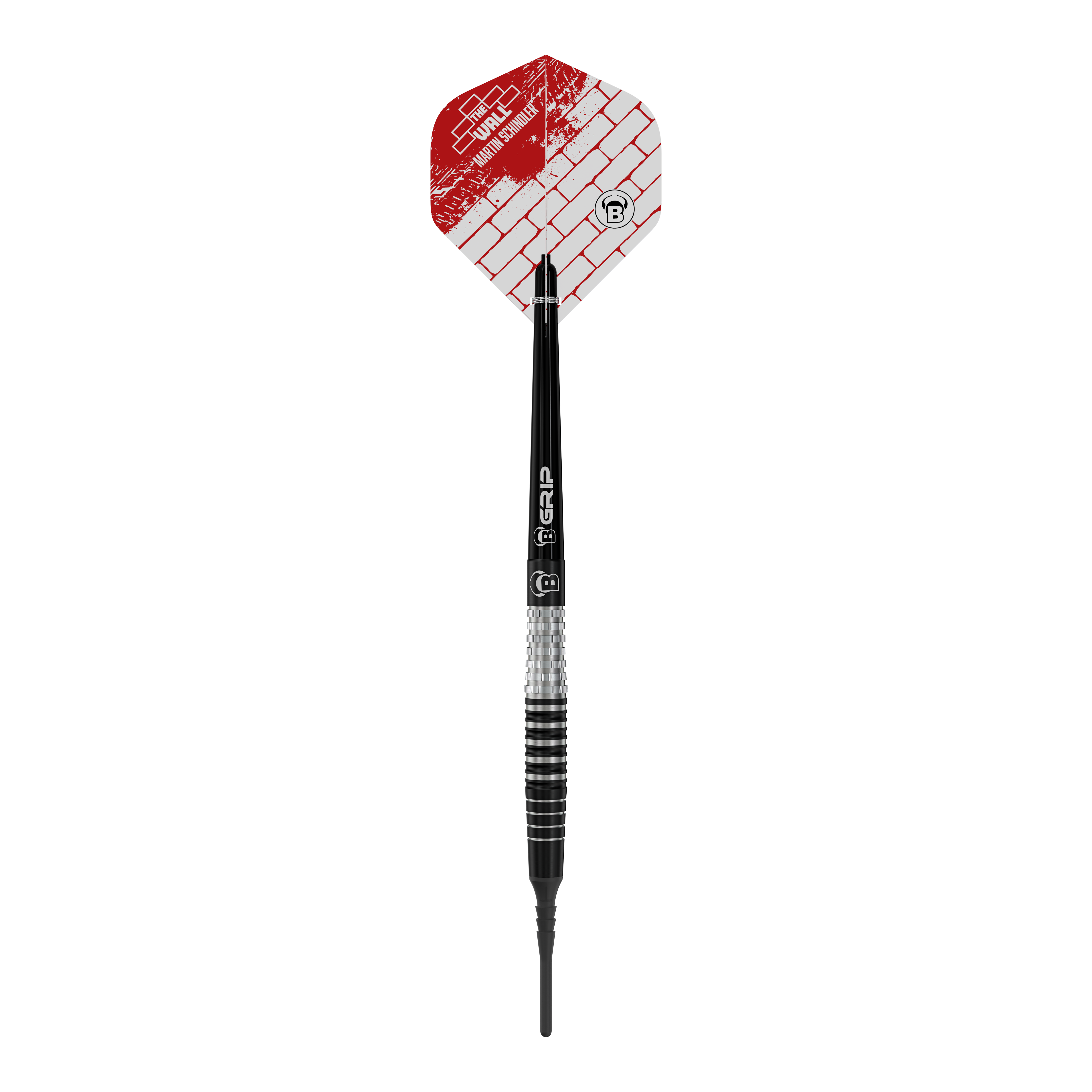 Bulls Martin Schindler Original Generation 3 zachte darts Das Bild zeigt einen Bulls Martin Schindler Original Generation 3 Softdart. Der Dart hat eine schwarz-silberne Struktur mit einer roten und weißen Flights mit Ziegelmuster.