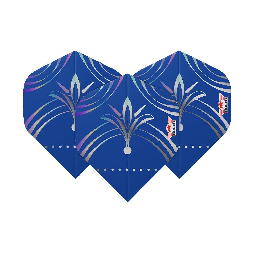 Bulls NL Series 100 Silvian No2 Standaardvluchten Das Bild zeigt drei blaue Dart-Flights mit einem silbernen und lilafarbenen Muster. Auf jedem Flight ist das Logo von Bulls zu sehen.