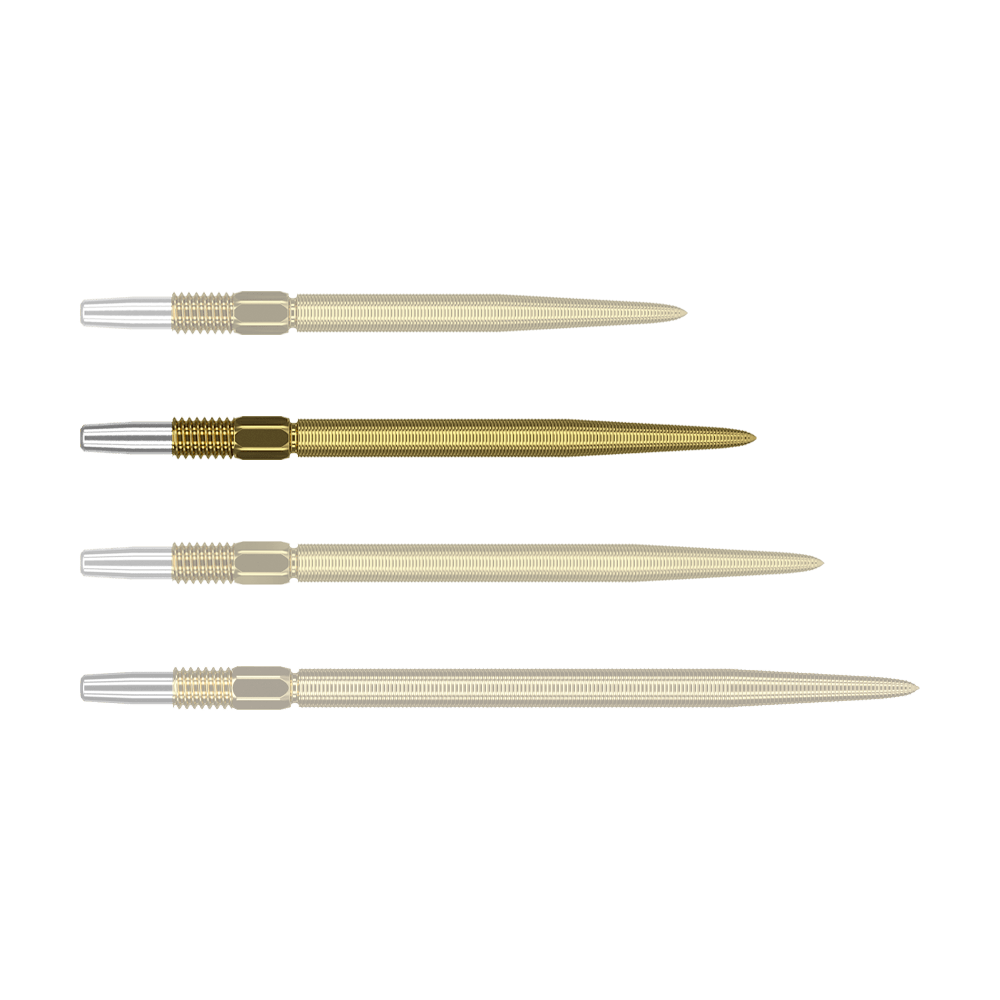 Target Swiss Point Nano Dartpunten - Goud Das Bild zeigt vier goldene Dartspitzen mit silbernem Befestigungsende, die nebeneinander liegen. Die Spitzen sind gleich lang und haben eine feine Riffelung entlang der gesamten Länge.
