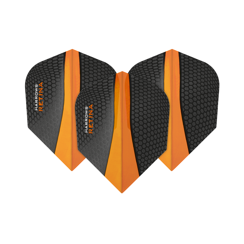 HR66_Harrows_Retina_Orange_No2_Standard_Flights_1BRntA8QXQ33xV Das Bild zeigt drei Harrows Retina Orange No6 Flights für Dartpfeile. Sie sind in Schwarz und Orange gestaltet, mit einer wabenartigen Textur auf der Oberfläche.