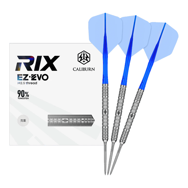 Caliburn Rix EZ-EVO R1 stalen dartpijlen Das Bild zeigt das vollständige Set der Caliburn Rix EZ-EVO R1 Steeldarts. Es handelt sich um professionelle Steeldarts für ambitionierte Spieler.
