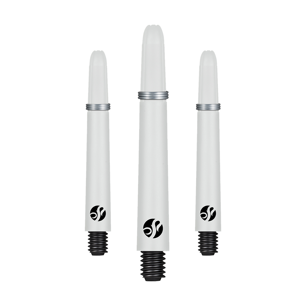 Shot Koi Carbon Shafts - Wit Auf dem Bild sind drei weiße Dartschäfte mit schwarzem Gewinde zu sehen. Sie haben ein silbernes Ringdetail und ein schwarzes Logo auf jedem Schaft.